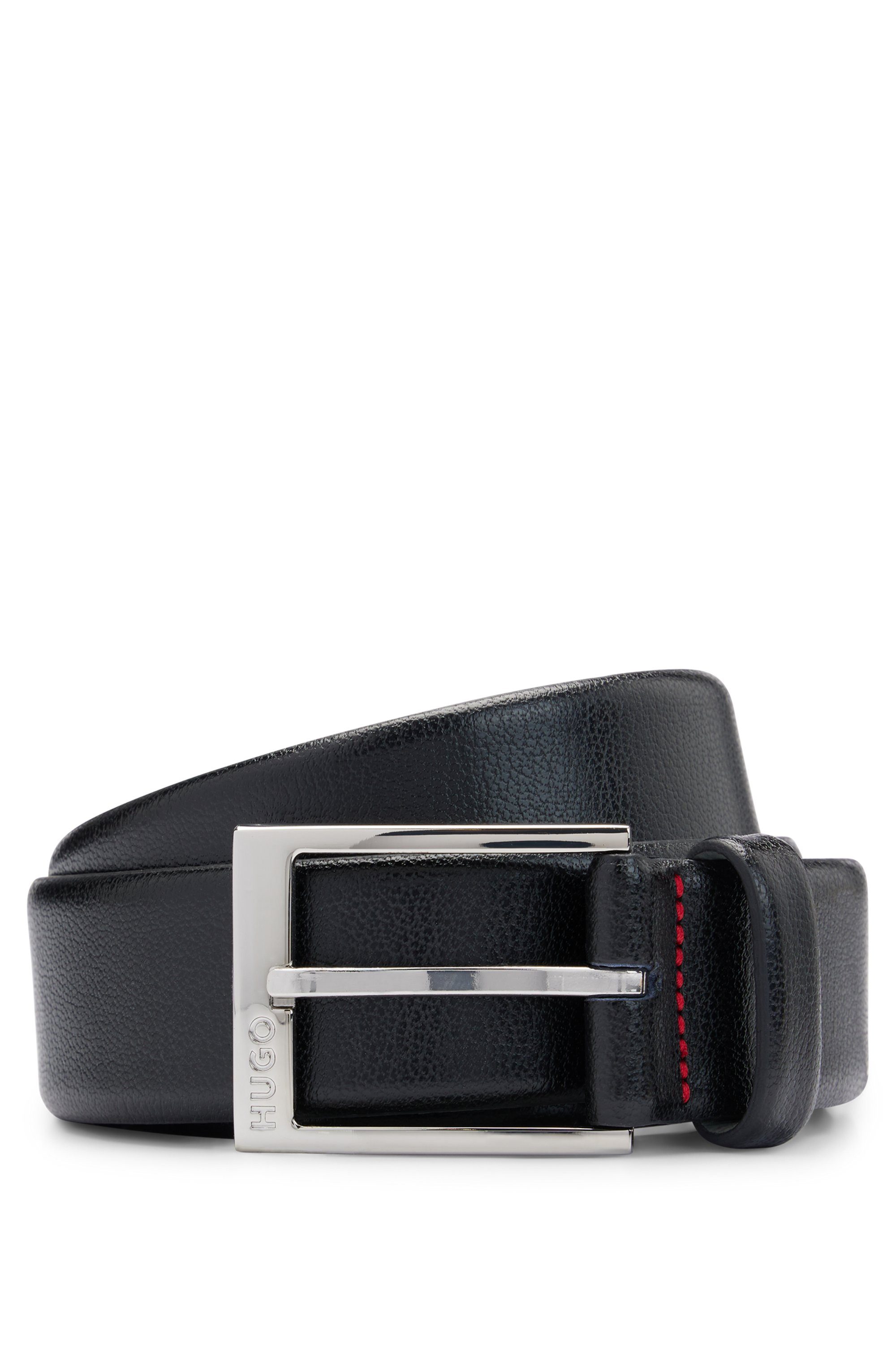 HUGO Leren riem geweven met logo-sluiting, glanzende zilverkleurige details