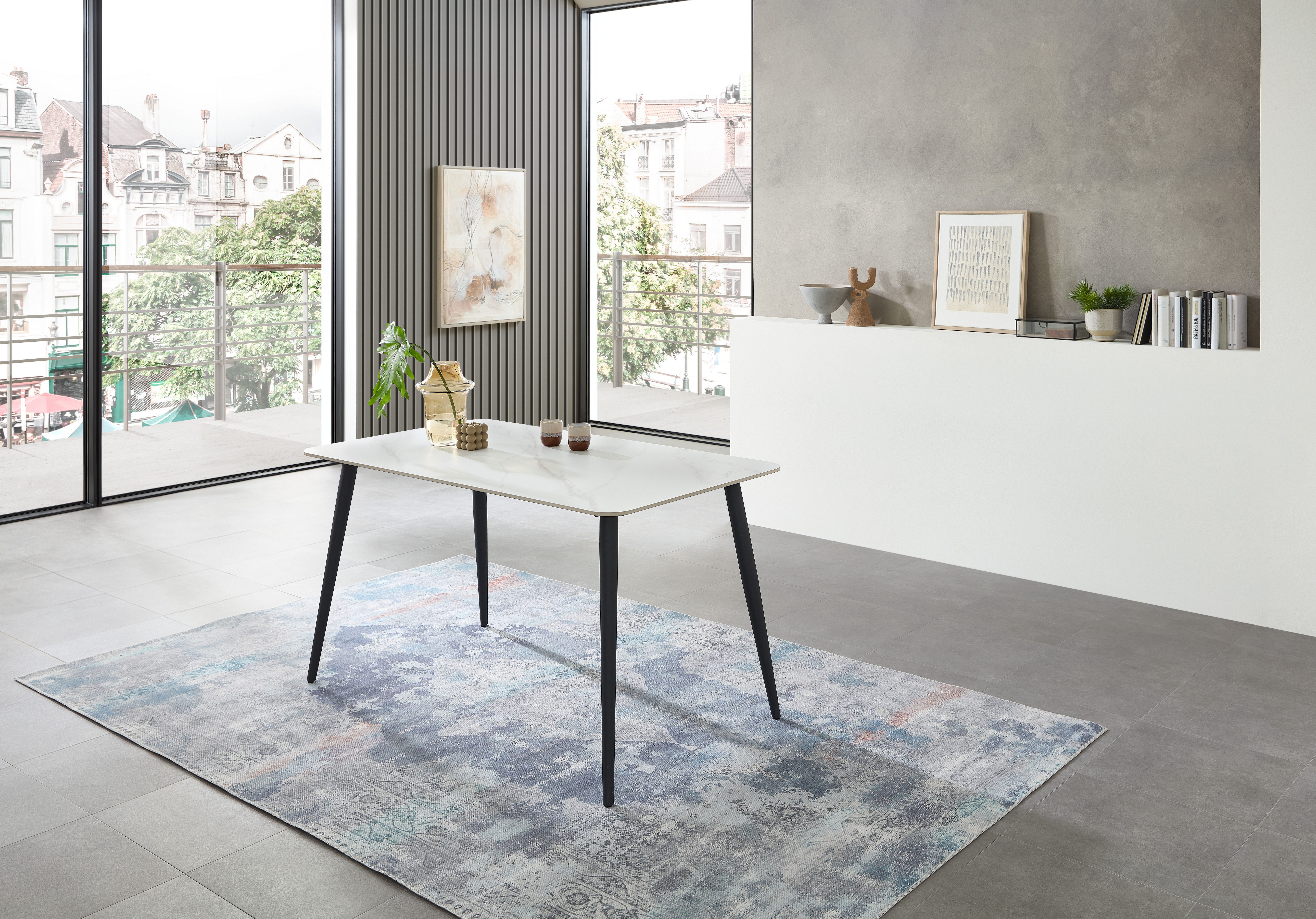 Stolkom Eettafel Cody eettafel keramiek, wit gemarmerd, BxHxD 140x76x80 cm Keramische oppervlakte wit gemarmerd, 4-poots frame mat zwart