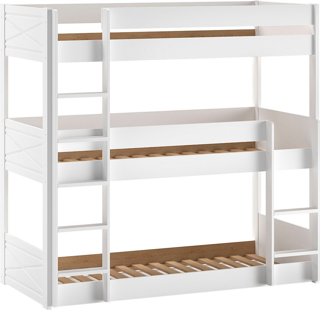 Vipack Stapelbed met 3 lf à 90x200 cm en rolbodem, stabiel gebouwd, massief grenen wit