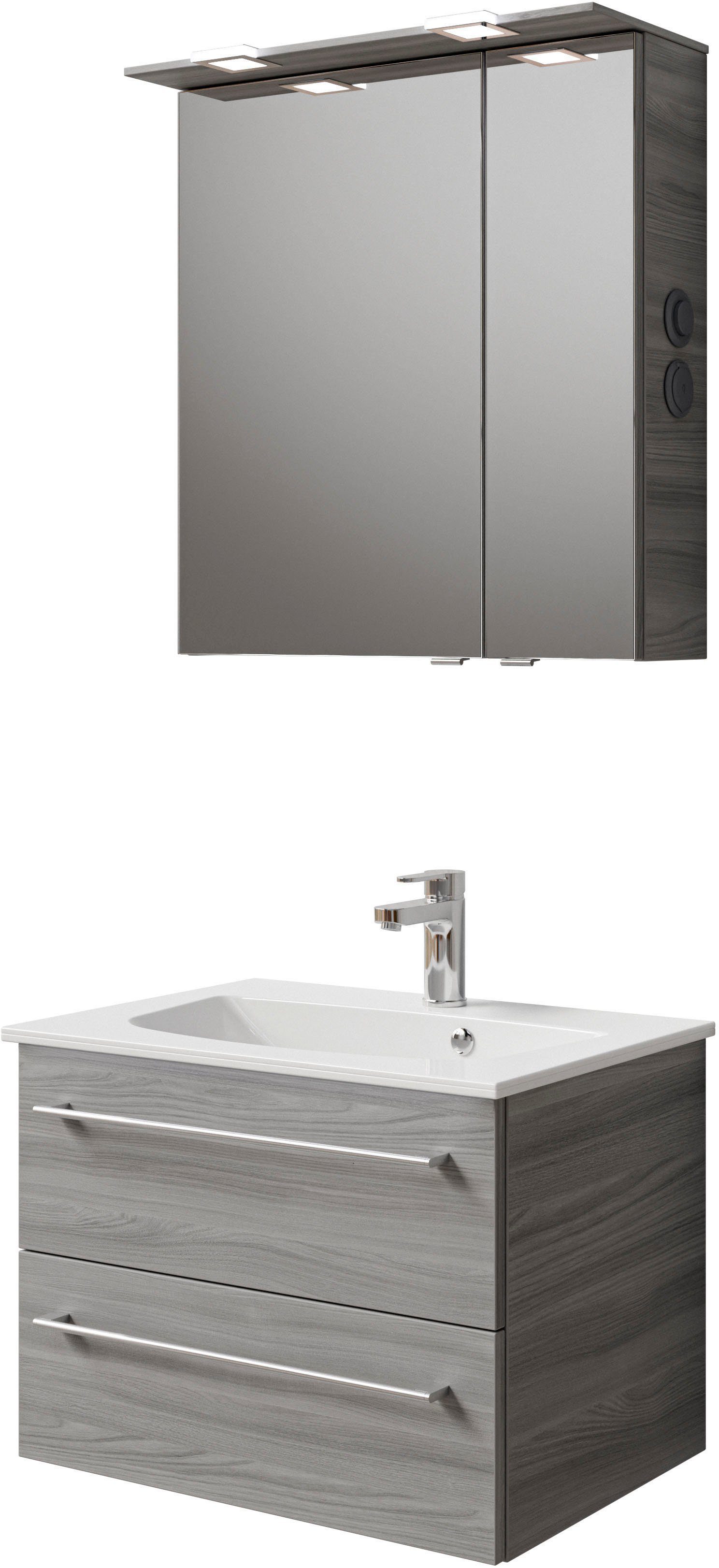 Saphir Badkamerserie Serie 6025 2-delig, mineraalmarmeren wastafel met led-spiegelkast Wastafelmeubel 67 cm breed, 2 laden, 2 spiegeldeuren, incl.