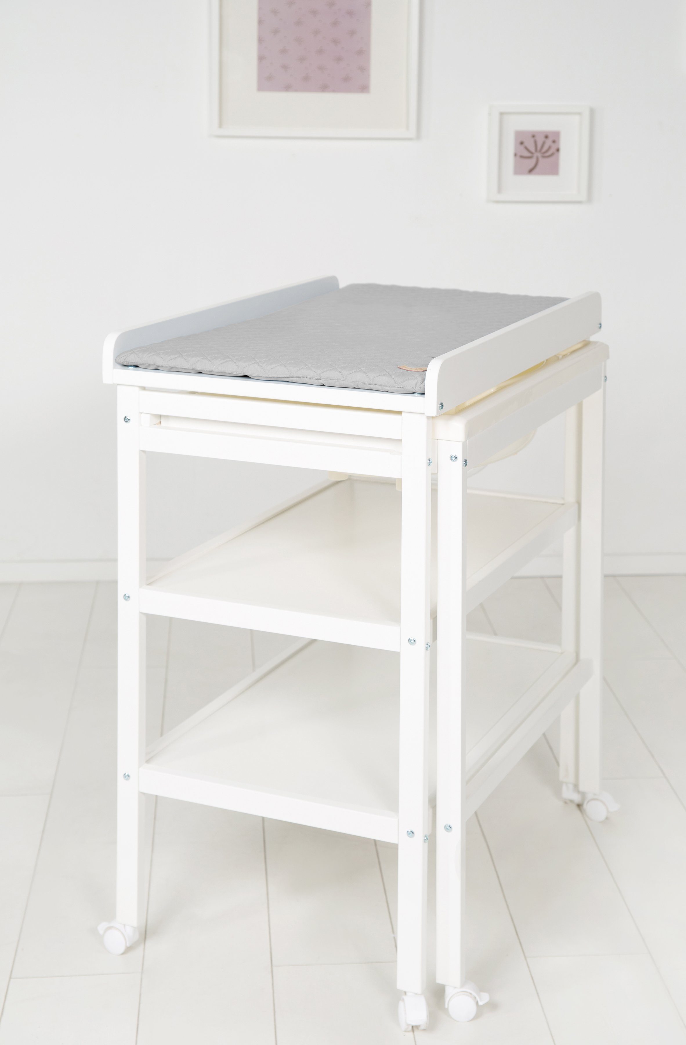 Roba® Badstandaard/commode Stijl, babyzwembad, wit inclusief uittrekbare badkuip en aankleedkussen zilvergrijs