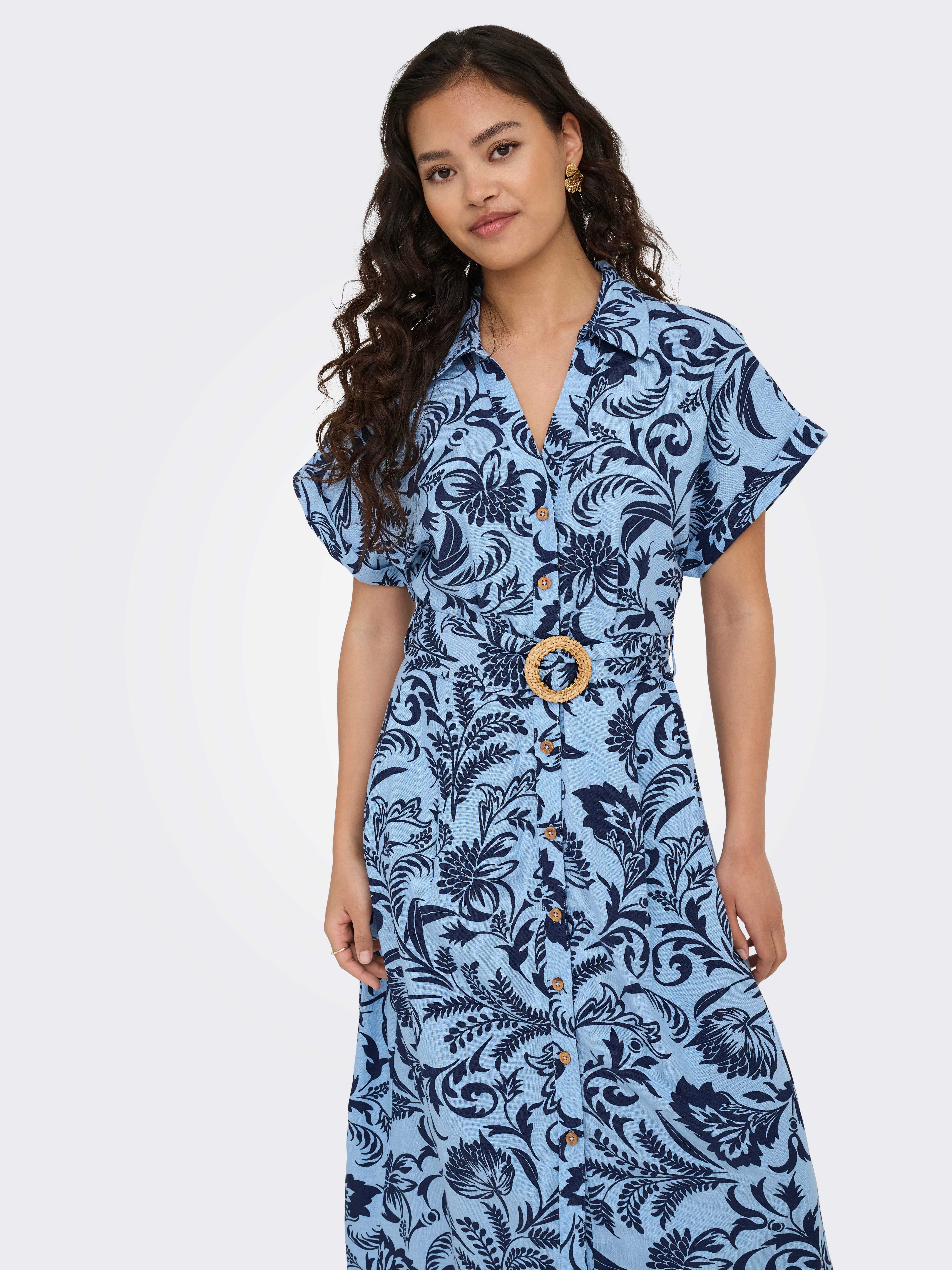 Only Jurk met overhemdkraag ONLJAKIRI LINEN SS MIDI SHIRT DRESS WVN