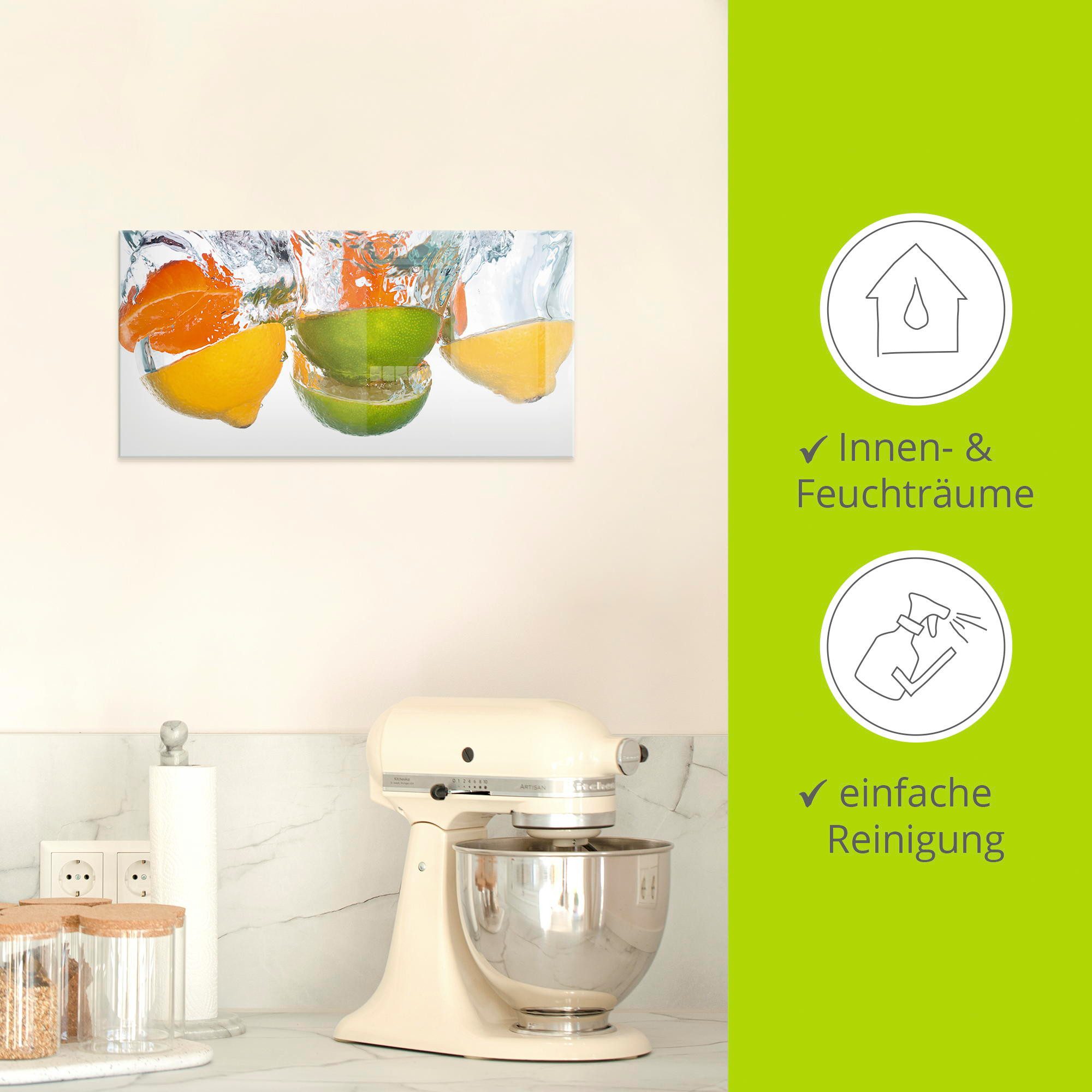 Artland Print op glas Citrusvruchten vallen in helder water