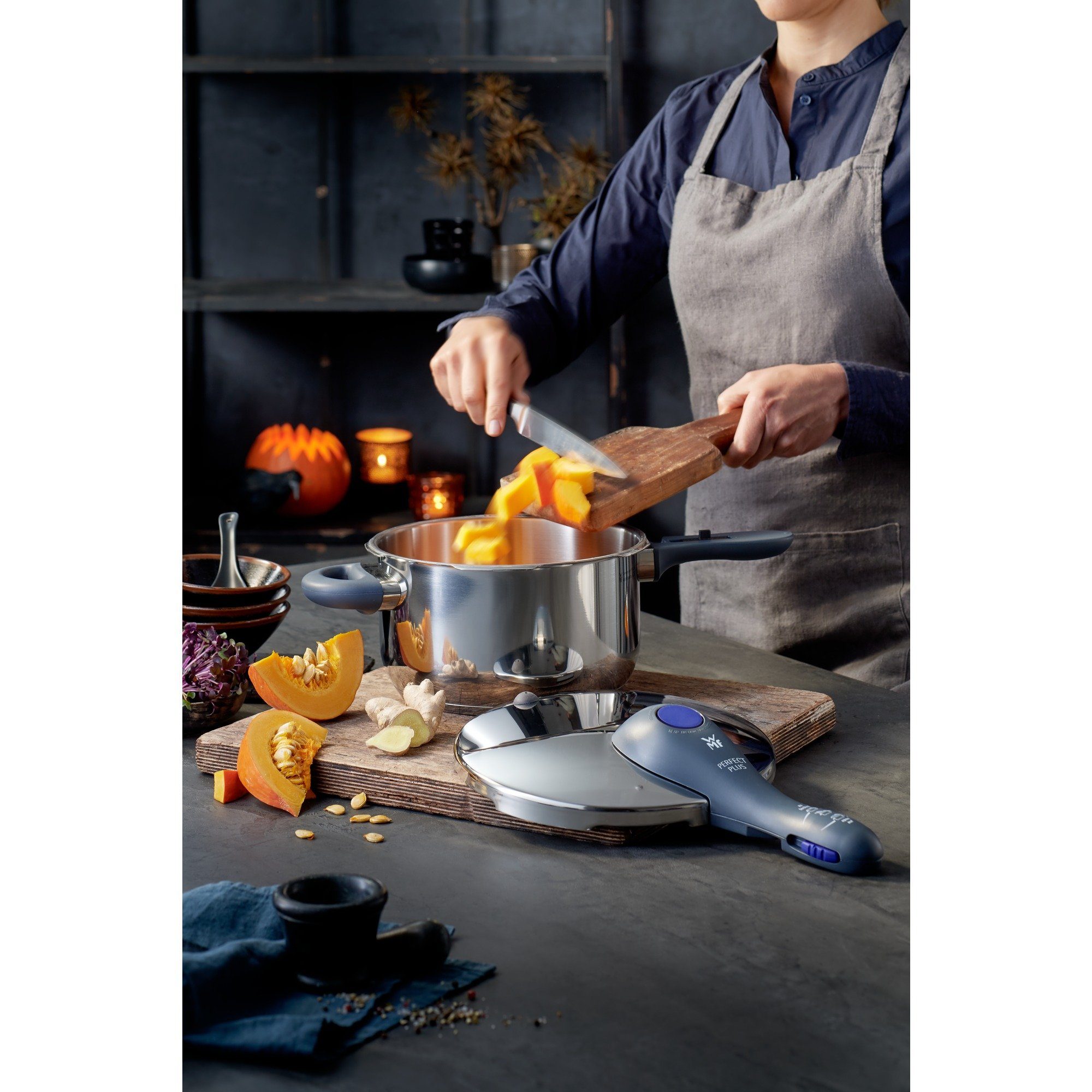WMF Snelkookpan Perfect Plus Stoompan met een afneembare dekselgreep, inductie