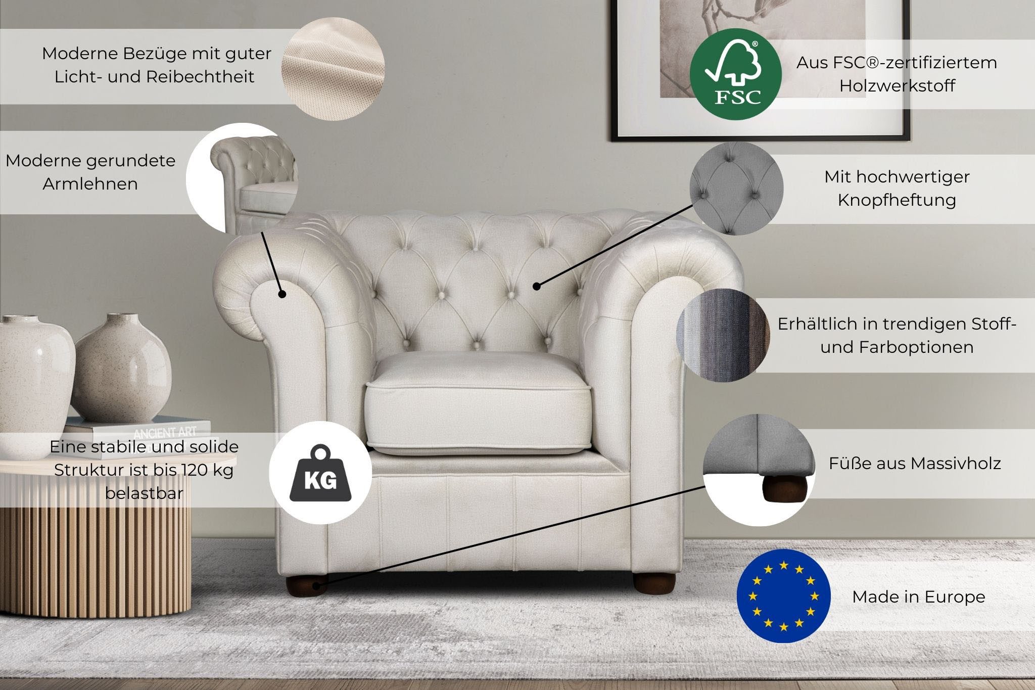 Home affaire Fauteuil CHARENTE, Chesterfield, golfsysteem, afmetingen B/D/H: 105/89/74 cm