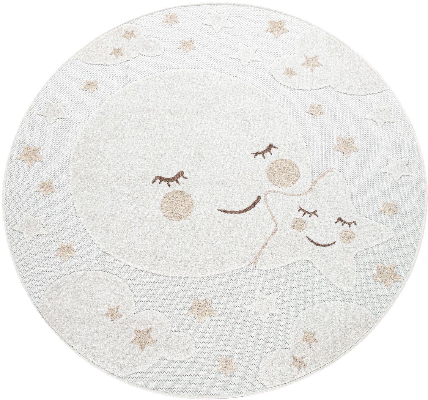 Paco Home Kindervloerkleed Tweet 465 Platweefsel, reliëfeffect, motief maan & sterren, geschikt voor buiten speelkleden beige