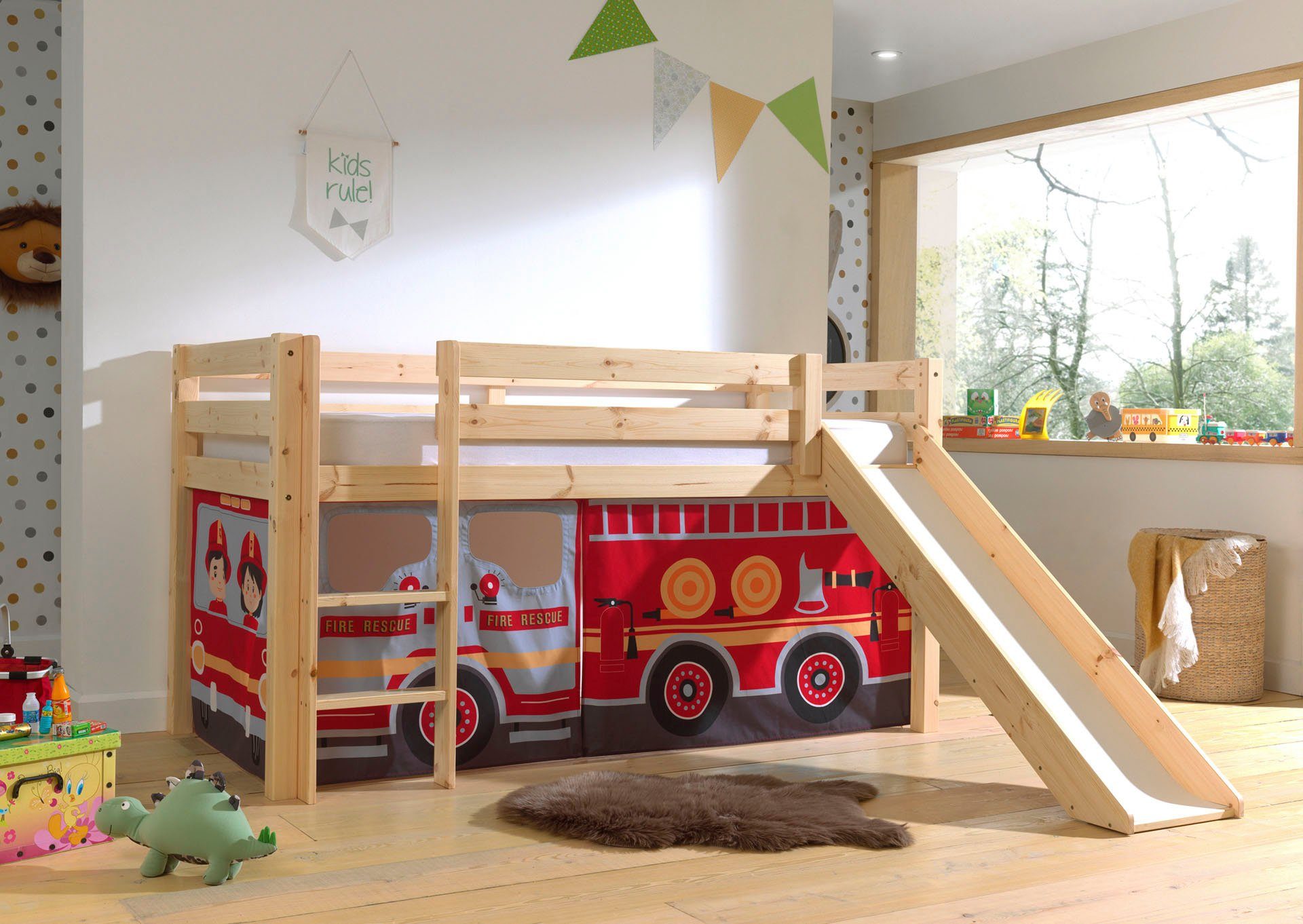 Vipack Speelbed Vipack Pino Hoogslaper met textielset, inclusief lattenrol, ladder en glijbaan