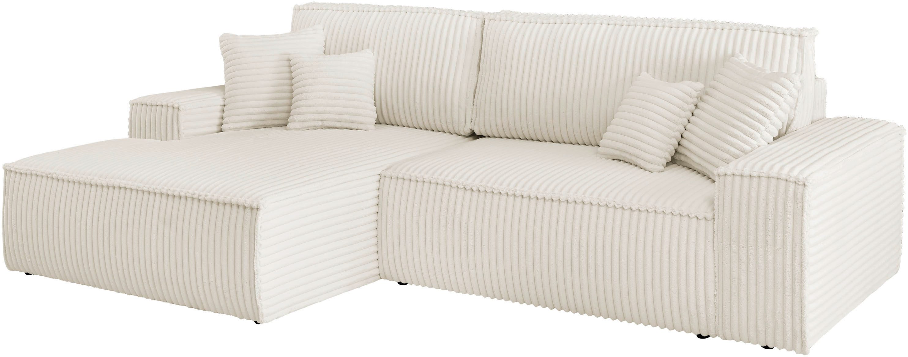 andas Hoekbank FINNLEY Slaapbank 267 cm, L-vorm met Slaapfunctie & Bedlade beschikbaar in de stofkwaliteiten bouclé, structuur fijn en mega cord