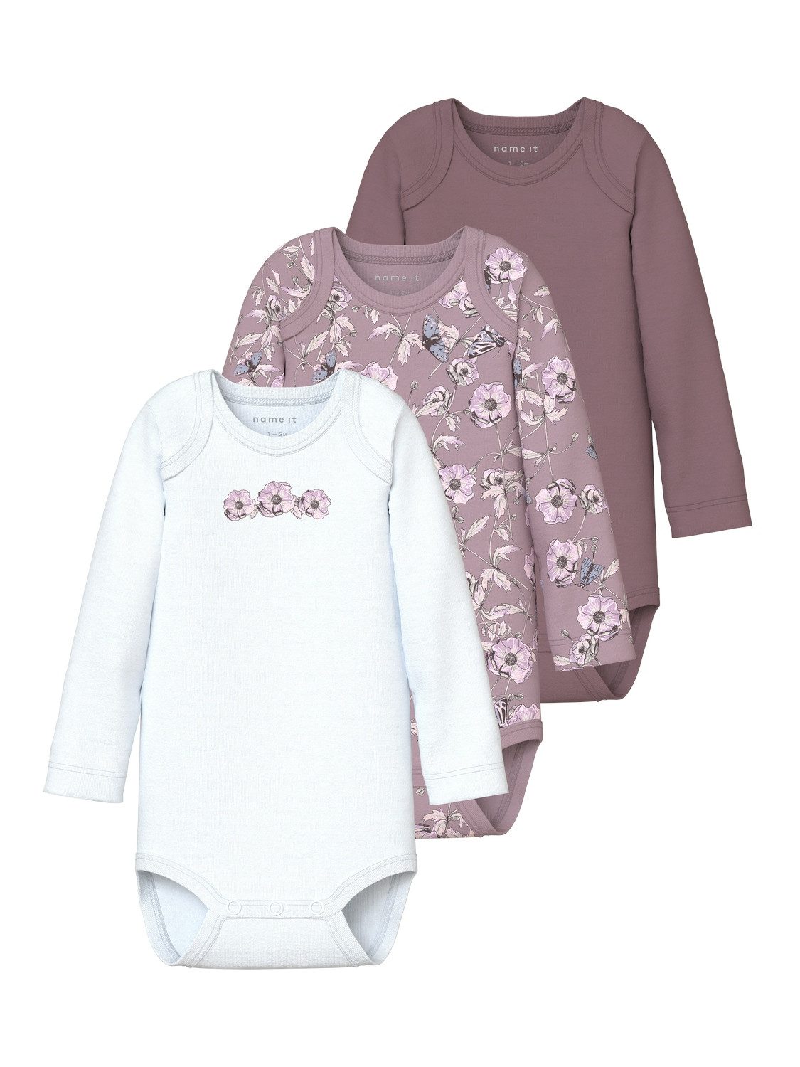 Name It Body met lange mouwen NBFBODY 3P LS GRAPE FLOWER NOOS (set, 3-delig)