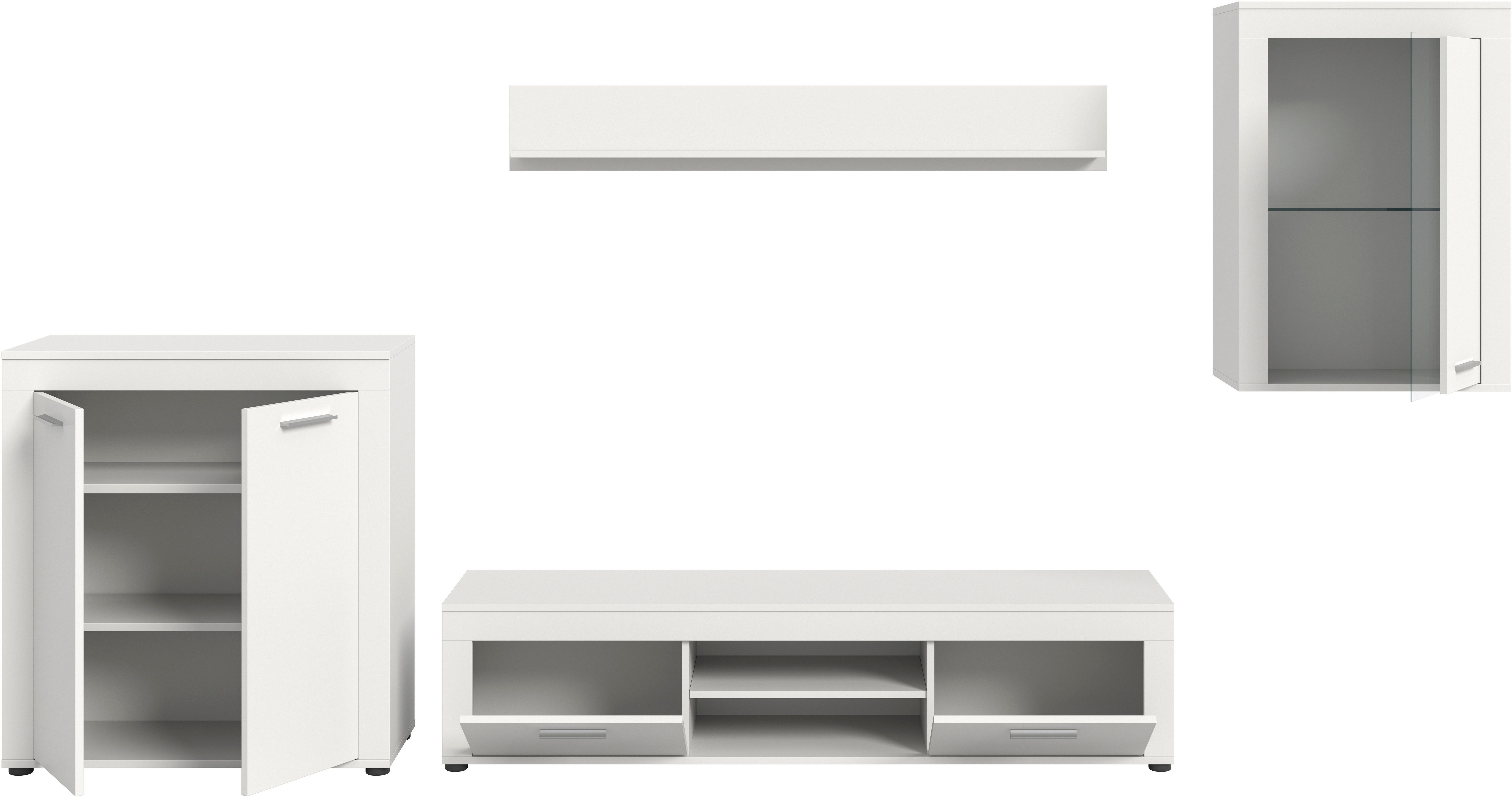 INOSIGN Wandmeubel Aosta, 4-delig, bestaande uit: highboard, lowboard, wandplank & vitrinekast (4-delig)