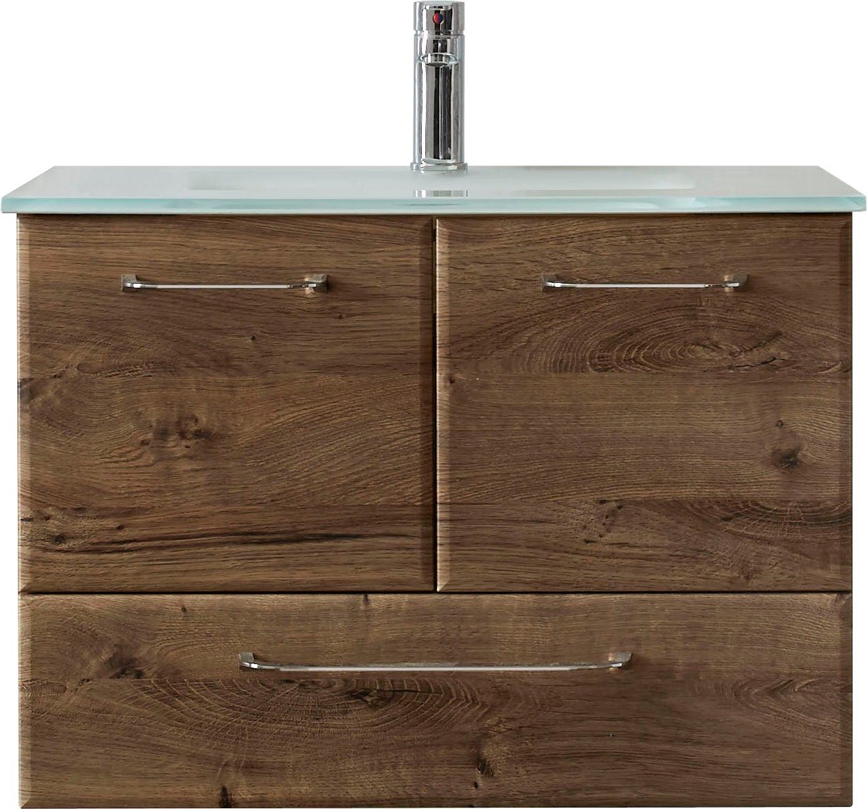 Saphir Wastafelonderkast Quickset glazen wastafel met onderkast, 74 cm breed, wastafel Grepen in glanzend chroom, inclusief deurdemper, 2 deuren, 1 lade
