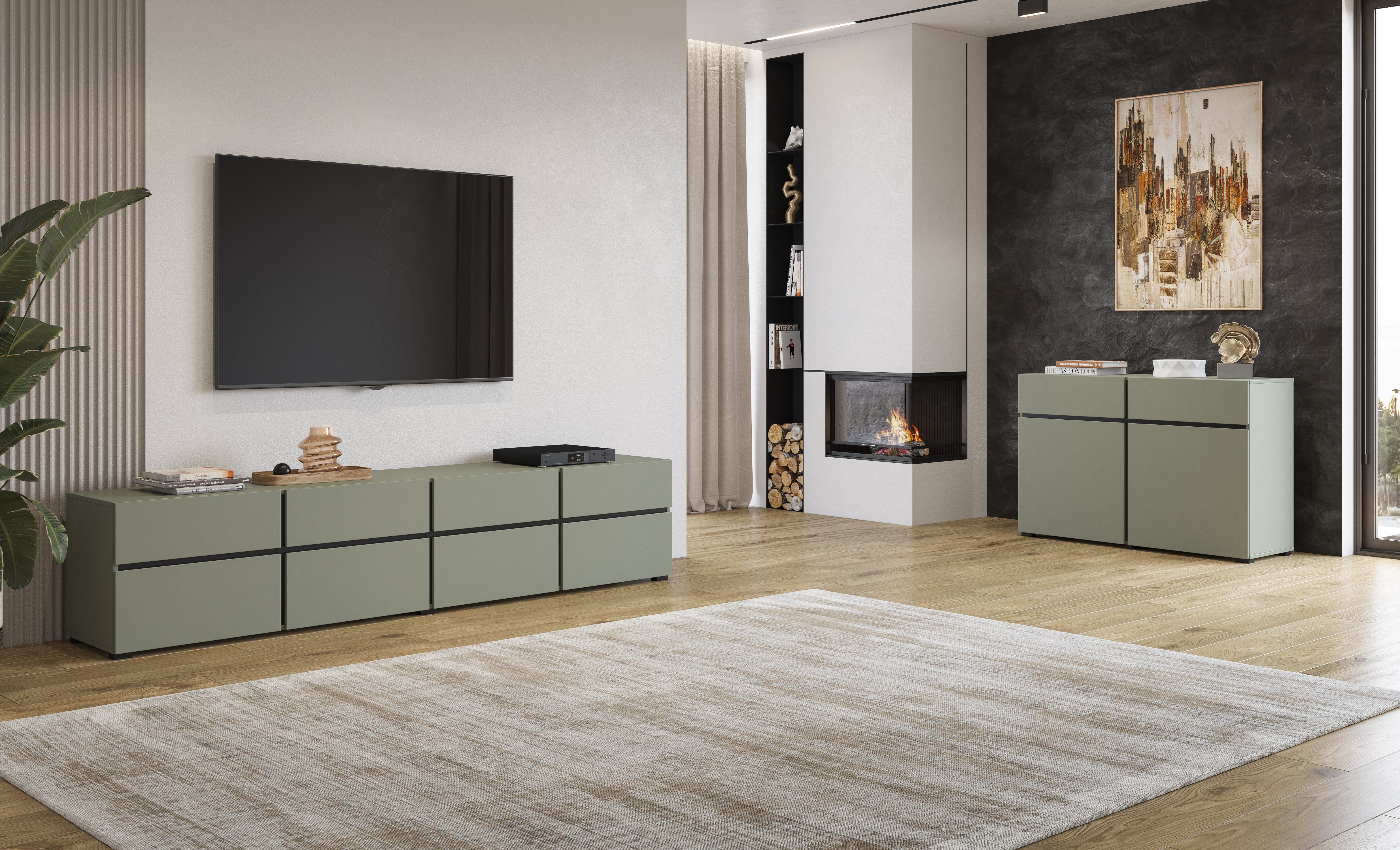 INOSIGN Tv-meubel Cross, moderne greeploze TV-kommode, 4 kleppen/4 lades Breedte 225 cm, tv-kast met veel opbergruimte, tv-meubel