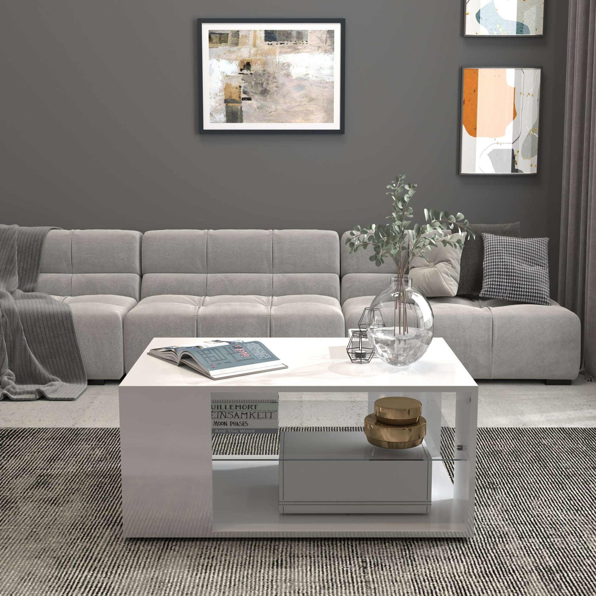 INOSIGN Salontafel Egypt salontafel, salontafel Van glanzend wit gelakt hout, met glazen plank, rechthoekig, breedte 90 cm (1 stuk)