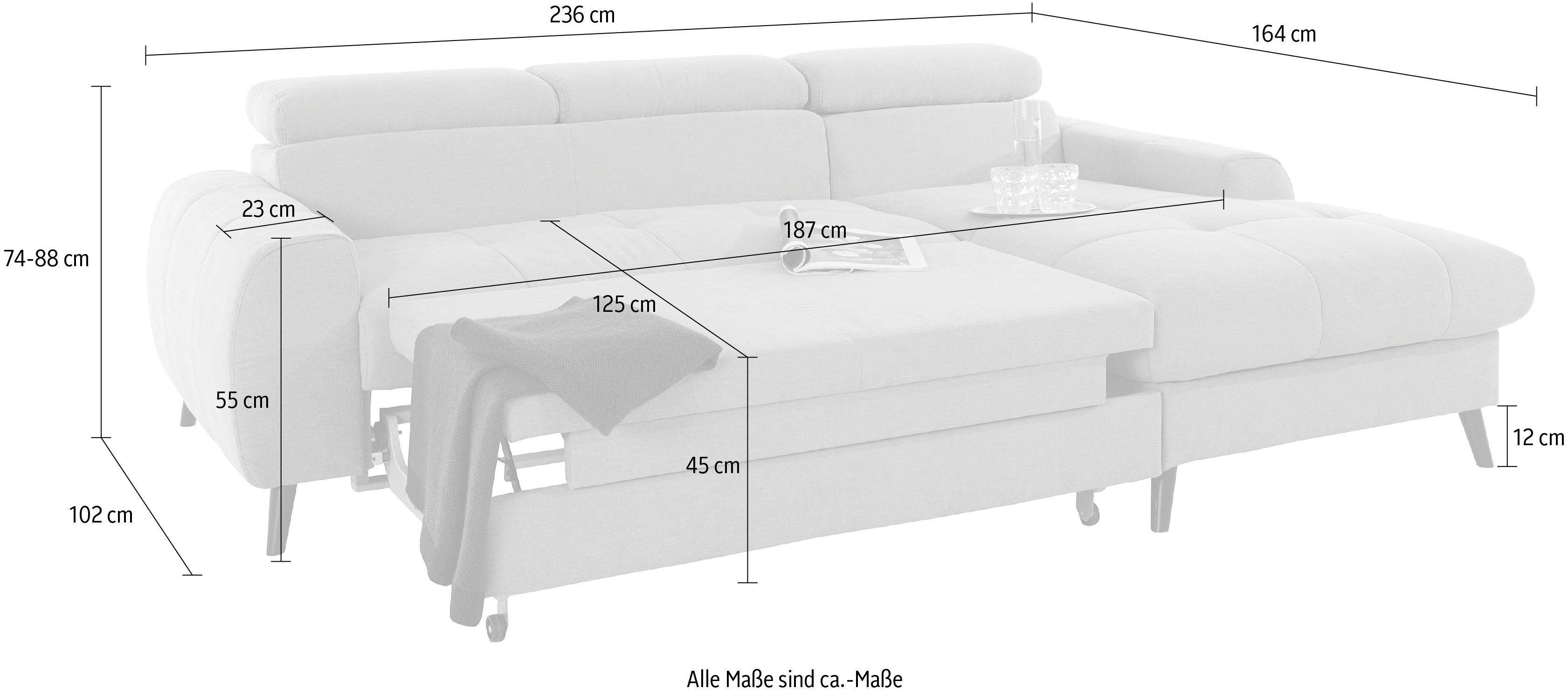 COTTA Hoekbank Mia L-vorm met 3 sierkussens keuze met bedfunctie, bedlade, verlichting & draadloze oplader