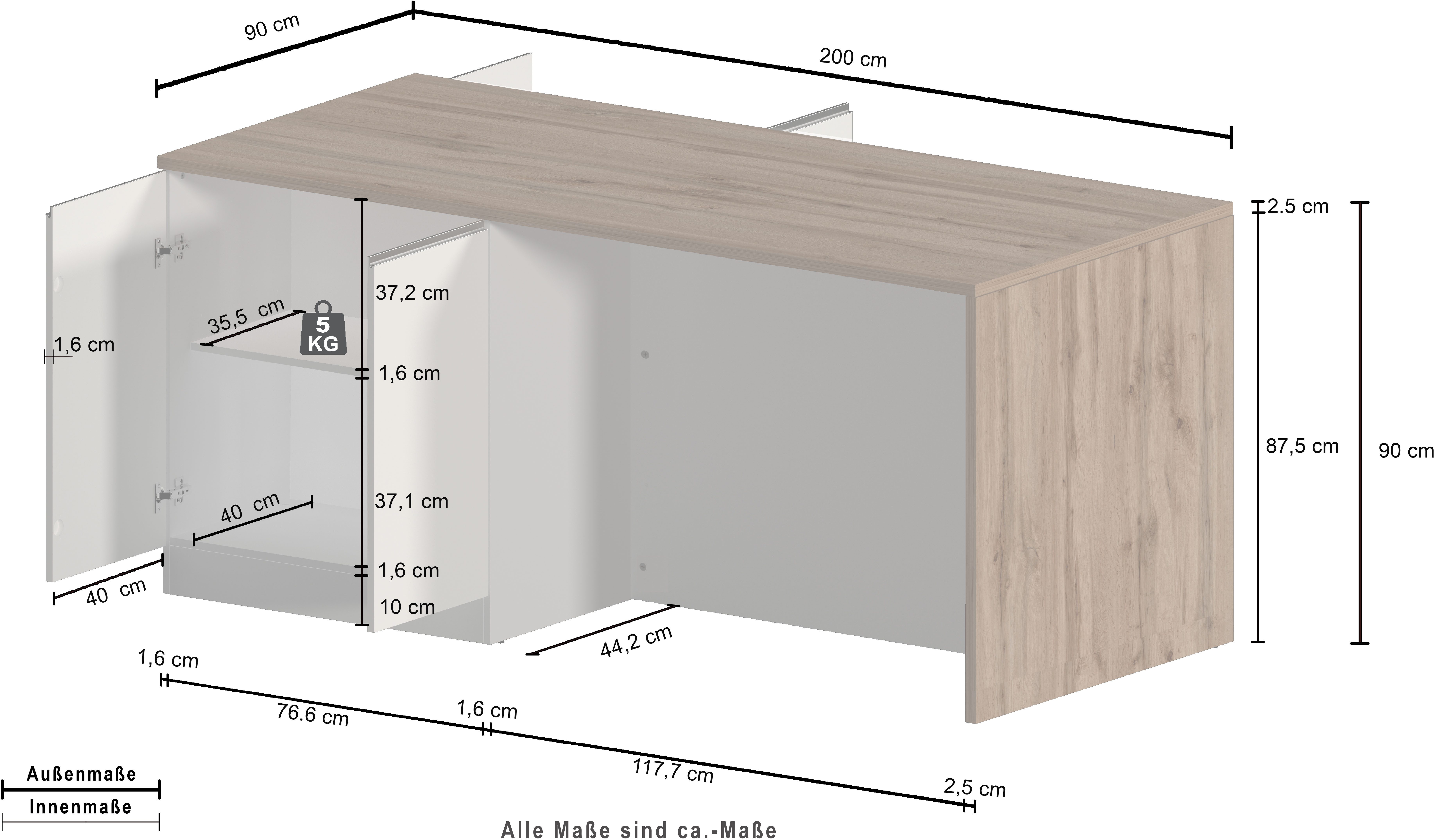 Kochstation Kookeiland Sole, kookeiland, keukenwerkblok, eilandkeuken, werk-eiland Breedte 200 cm met 4 deuren, 4 vakken, werkblad, aluminium handgreep