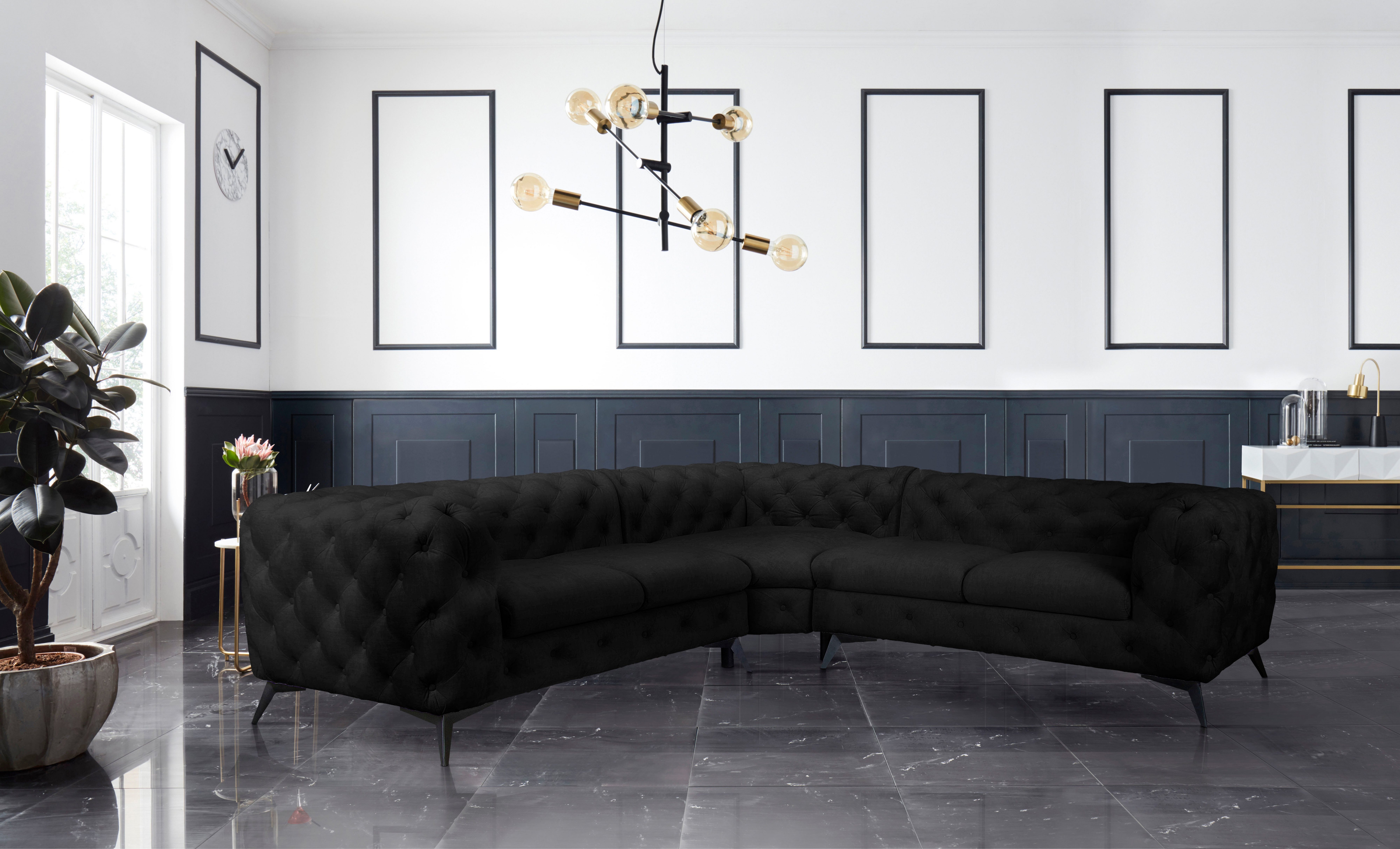 Leonique Chesterfield-bank Glynis L-vorm luxueuze capitonnage, moderne chesterfield look, kleur van de poten ter keuze