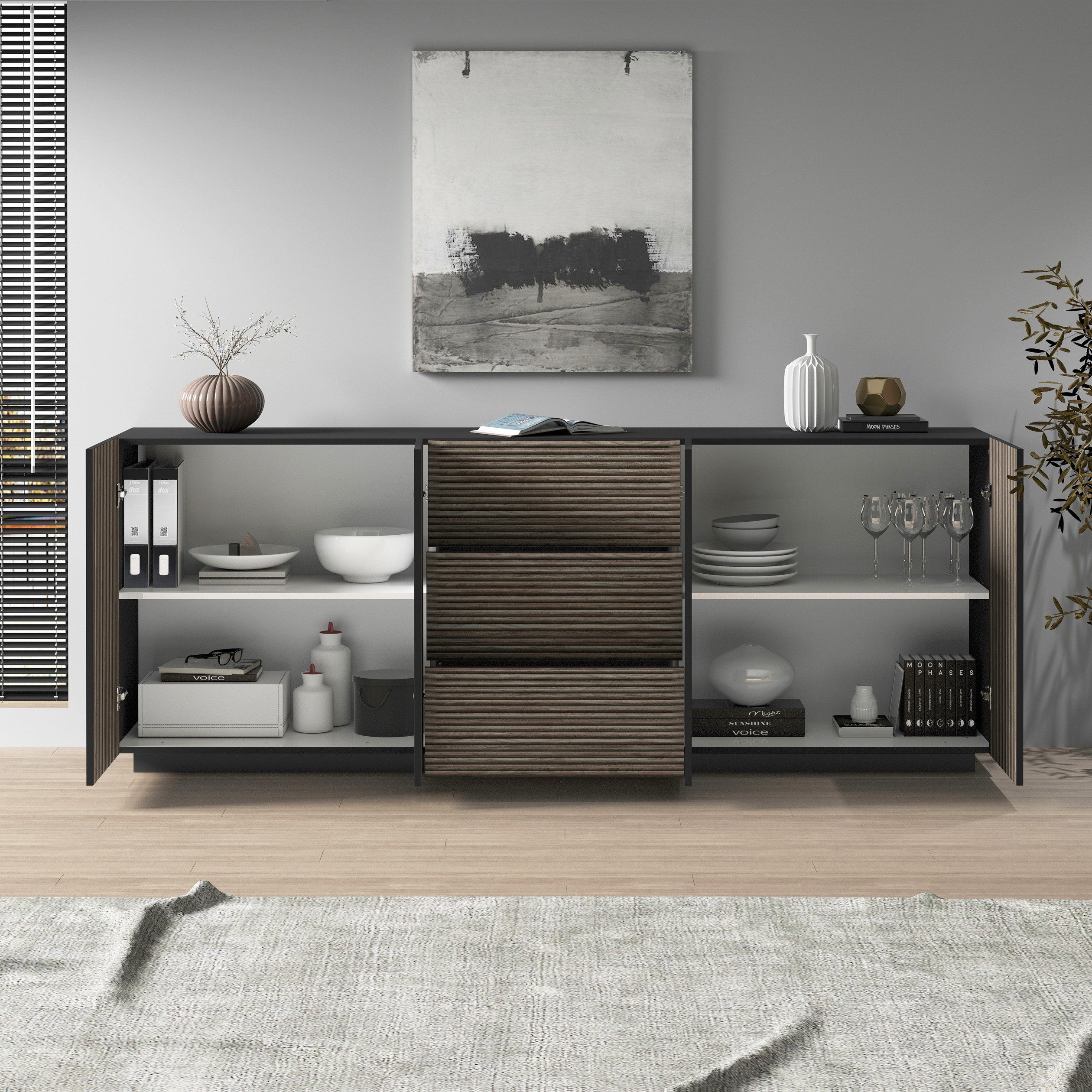 INOSIGN Dressoir Vega Sideboard, Ladekast, 220 cm met 4 deuren en 3 lades, fronten met groeflook