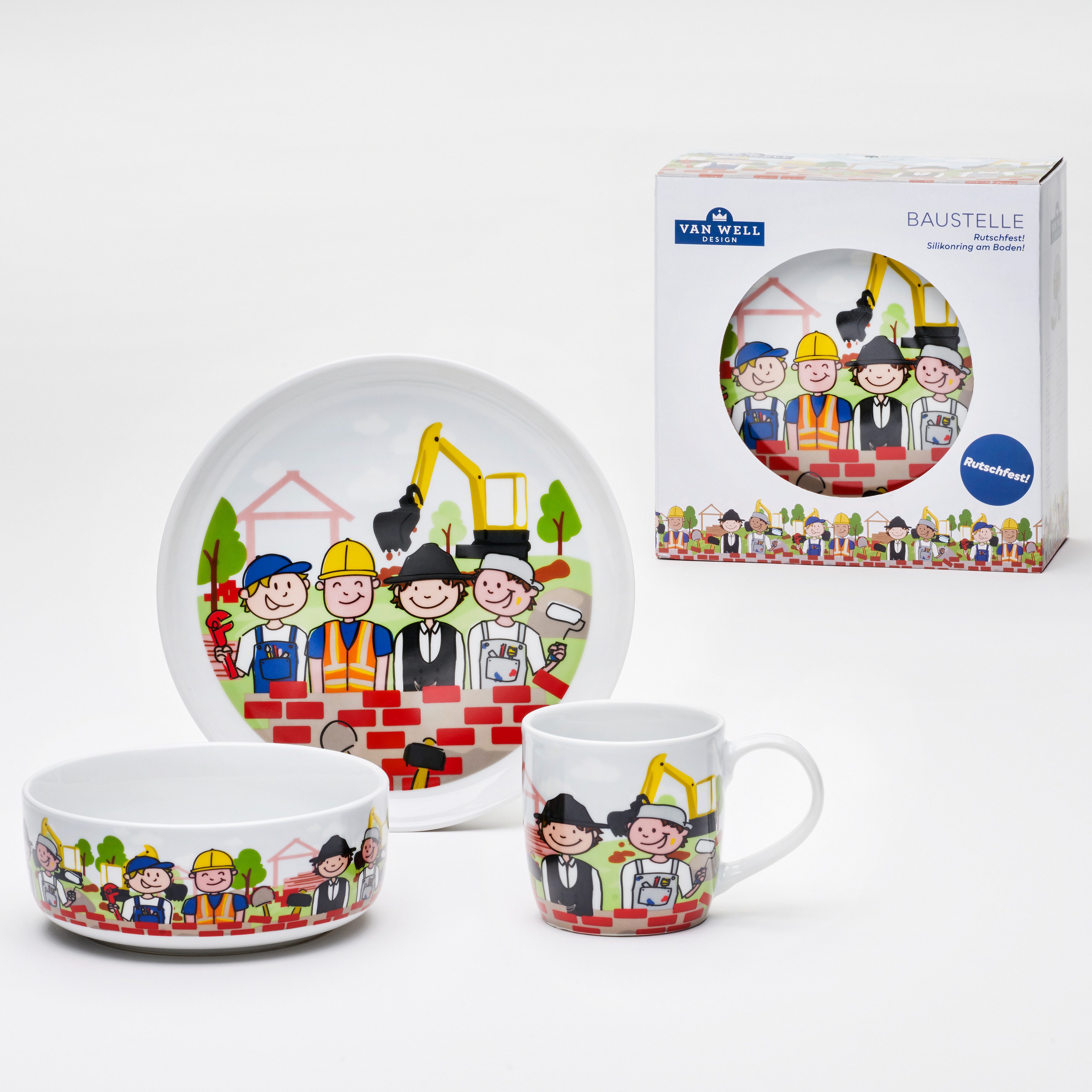 VAN WELL Bouwplaats Kinderserviesset, 3 Delig Porseleinen Servies Met Ambachtelijke Motieven Beker Schaal En Bord Ideaal Als Cadeau 662760589