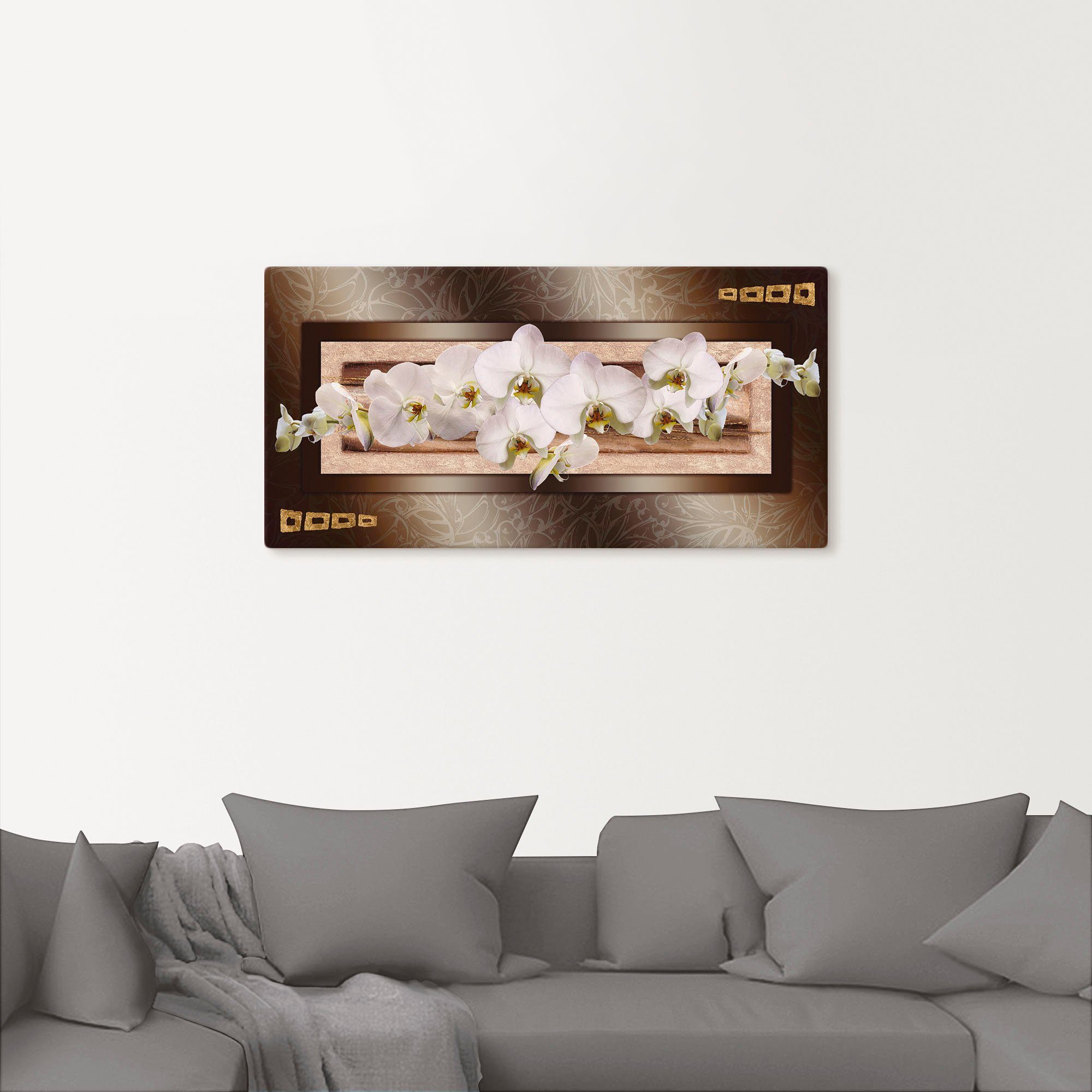 Artland Artprint op linnen Witte orchideeën met goudkleurige vierkanten