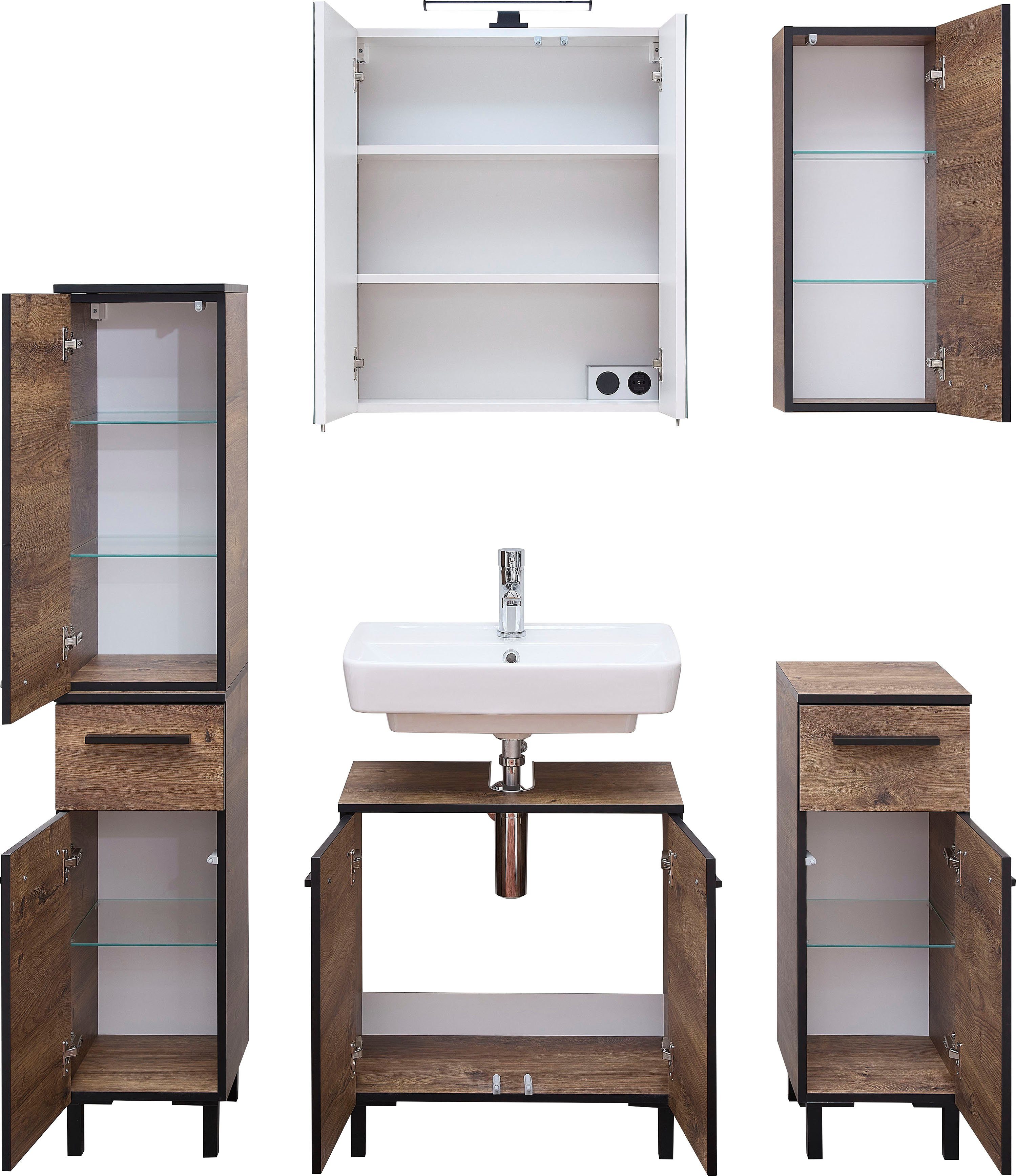 Saphir Badkamerserie Quickset 374 5-delig, wastafelonderkast met LED-spiegelkast Halfhoge kast, onderkast, hangkast, incl. deurdemper, 7 deuren (7-delig)