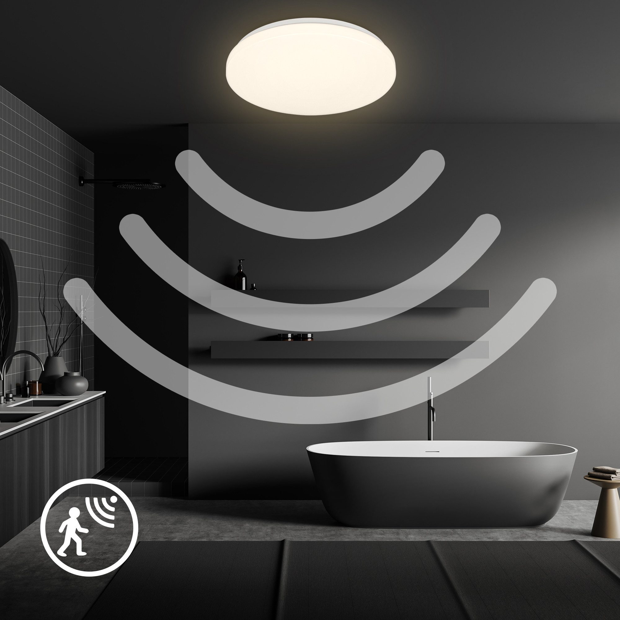 B.K.Licht Led-plafondlamp BK_DL1614 Bad plafondlamp met bewegingssensor, 3m bereik 120° detectiehoek, ip54, 13w, 1.300 lm, 3.000k, ø27cm, wit (1 stuk)