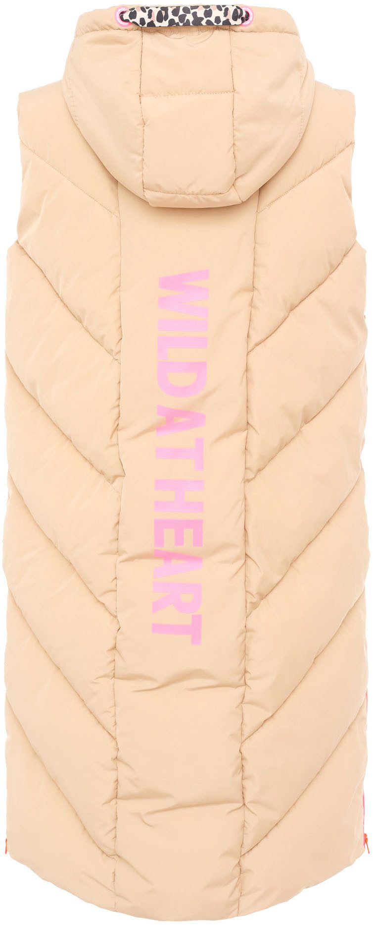 Zwillingsherz Bodywarmer Gewatteerd vest lang "Wild at Heart" met leeuwdetails, print, capuchon, rits en zakken