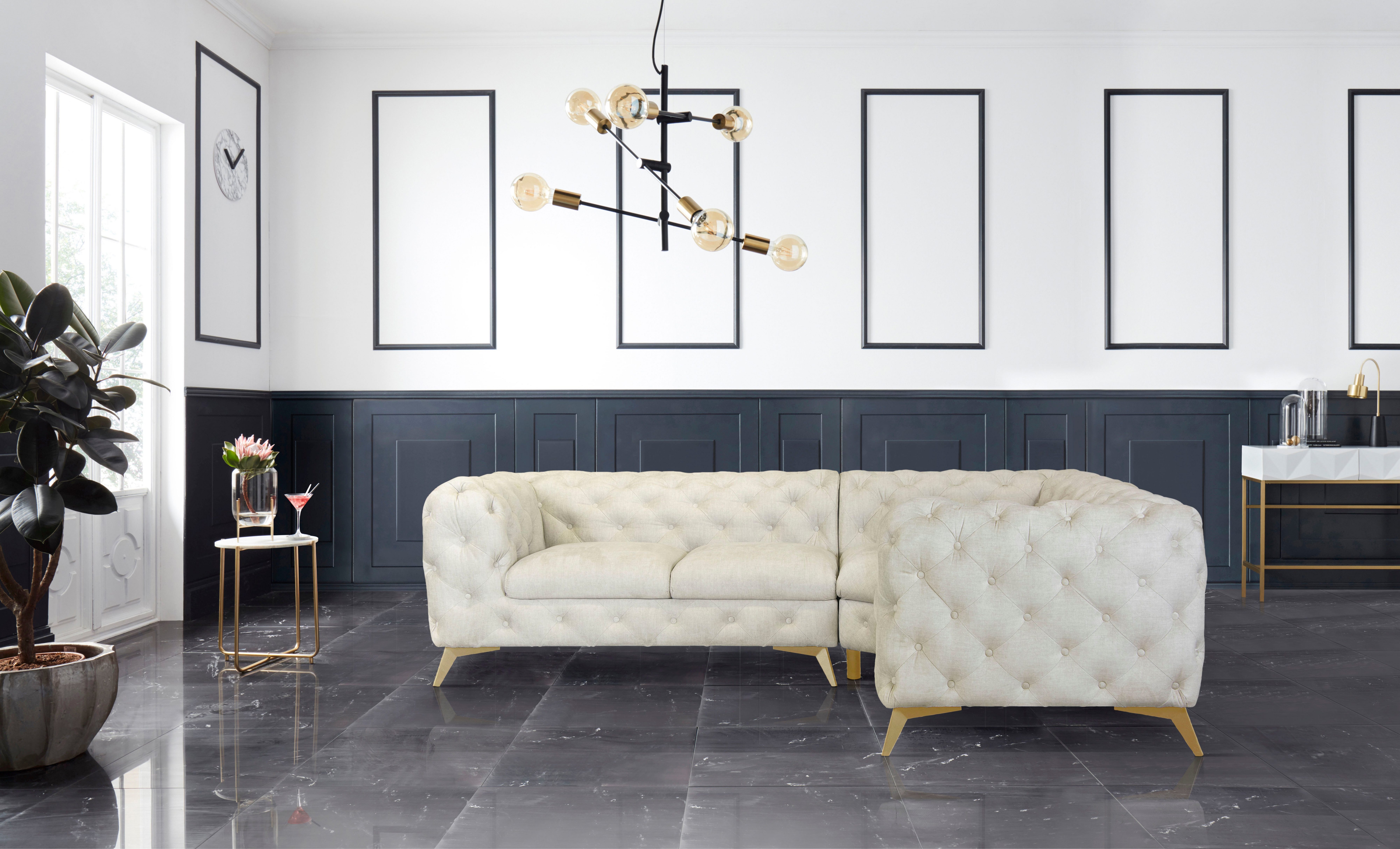 Home affaire Chesterfield-bank Hoekbank GLYNIS L-vorm met golfvering, afmetingen B/D/H 264/204/75cm luxueuze capitonnage, moderne chesterfield look, kleur van de poten ter keuze