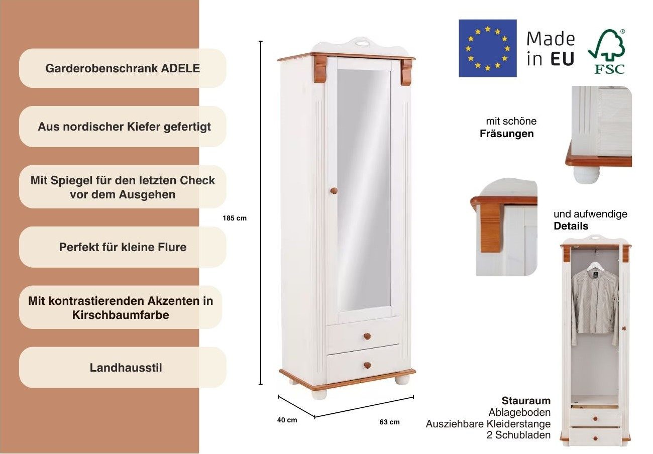 Home affaire Kledingkast ADELE met spiegel, breedte 63 cm, met 2 lades, van massief dennenhout, fsc®