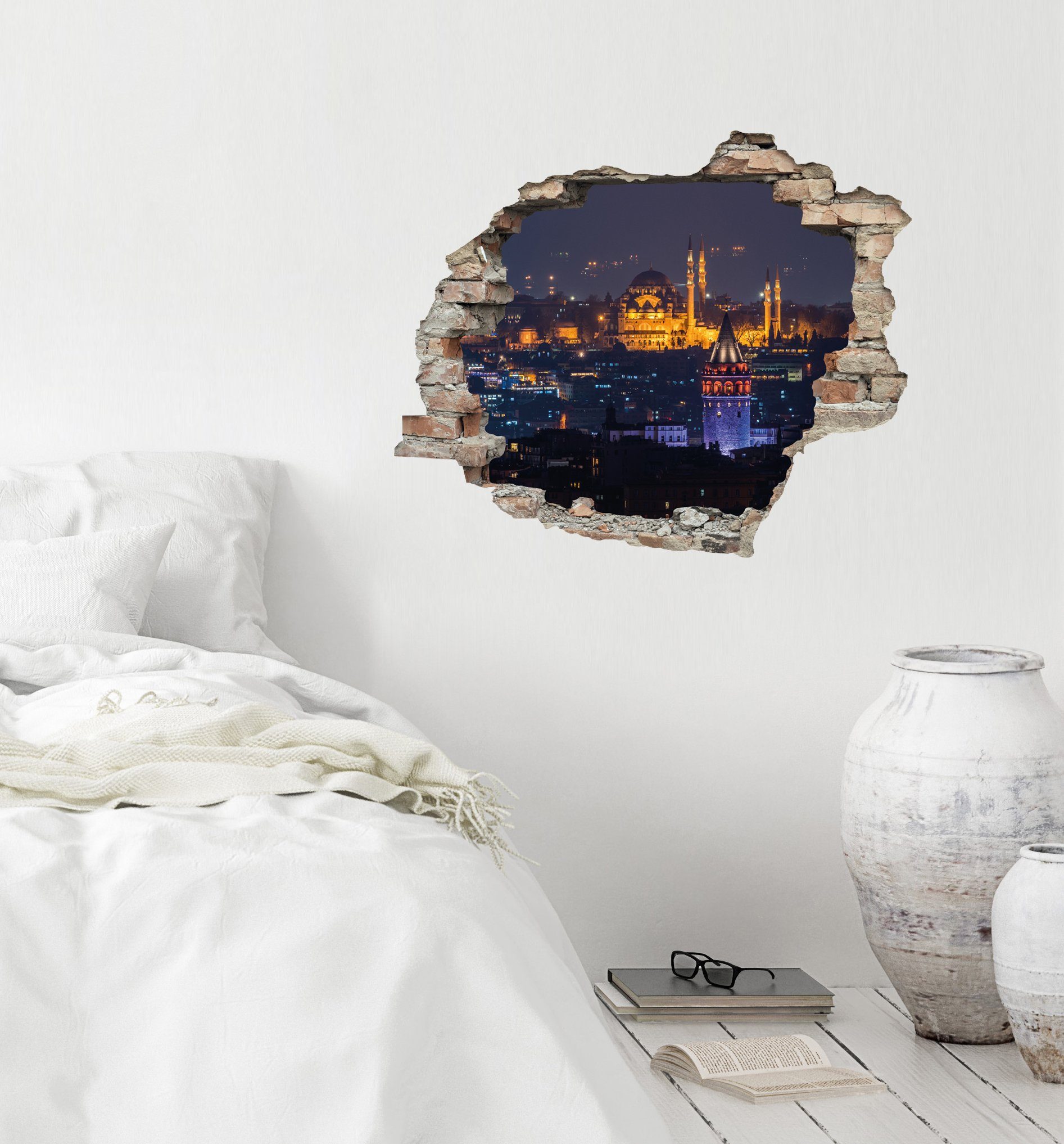 queence Wandfolie Stad 's nachts Muursticker, muurdecoratie, zelfklevend, 3D, muurdurchbraak (1 stuk)