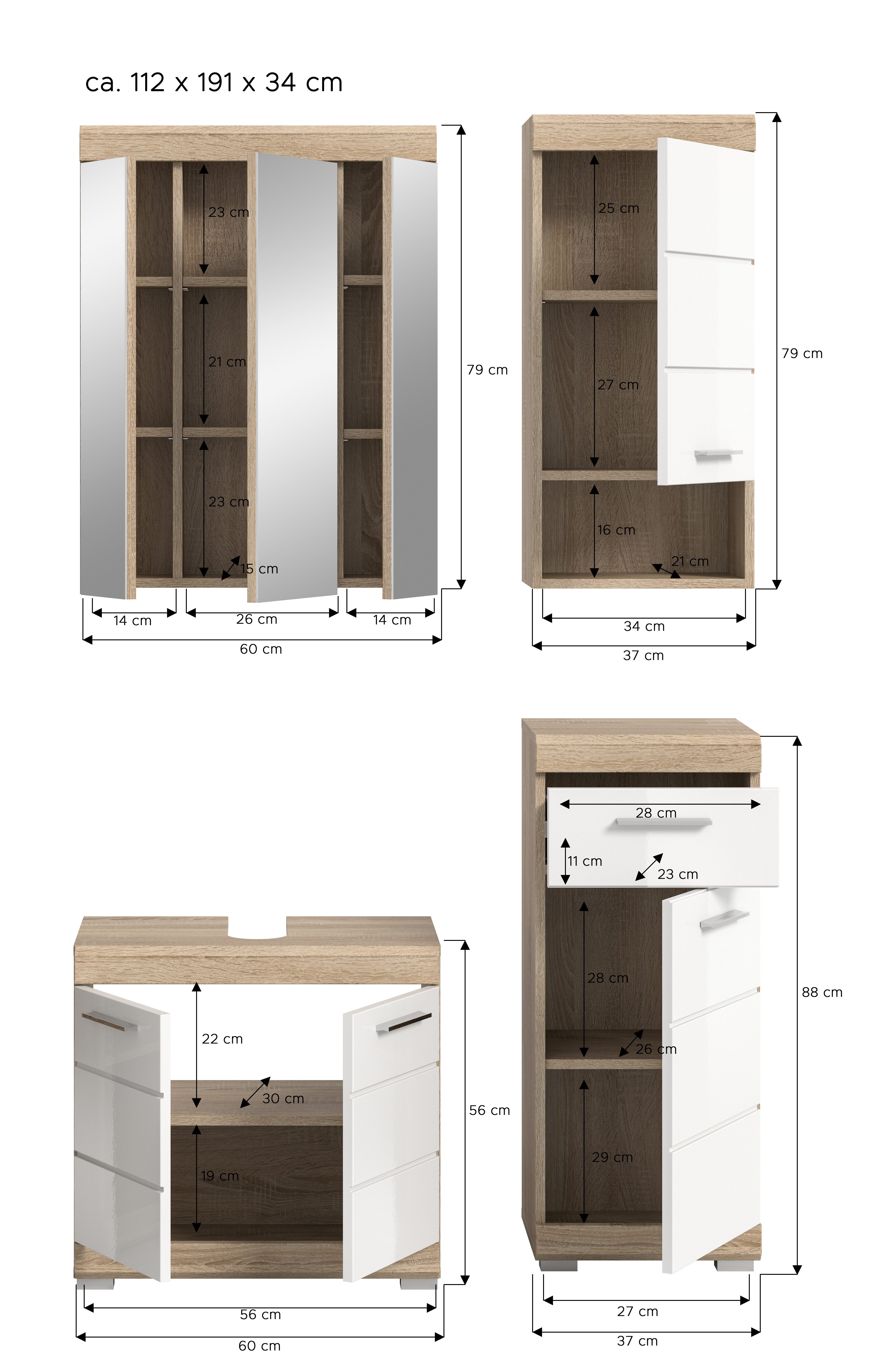 INOSIGN Badkamerserie Siena, 4-delig, bestaande uit: Wastafelonderkast, Spiegelkast, Onderkast, Hankast (set, 4-delig)