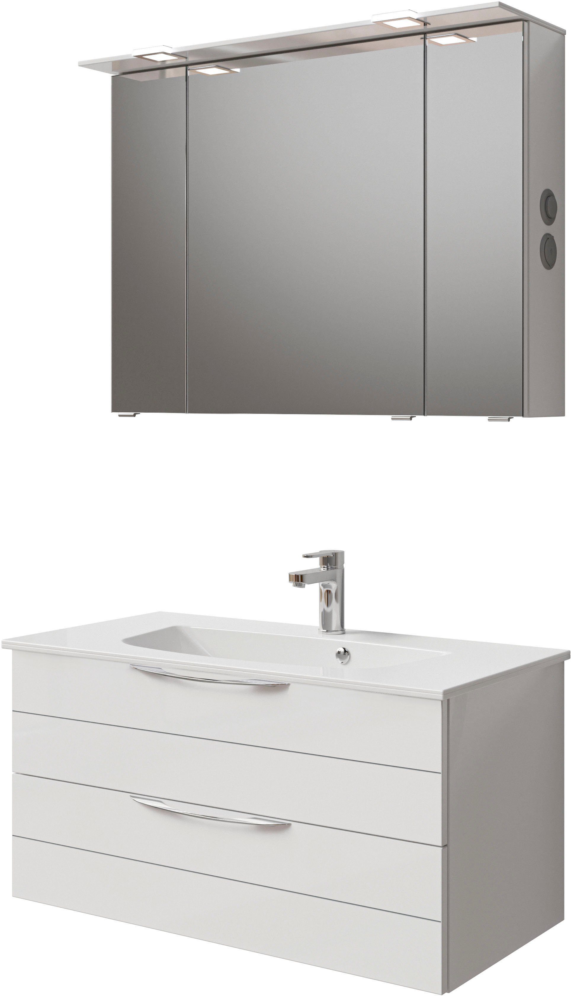 Saphir Badkamerserie Serie 6025 2-delig, mineraalmarmeren wastafel met led-spiegelkast Wastafelmeubel 97 cm breed, 2 laden, 3 spiegeldeuren, incl.