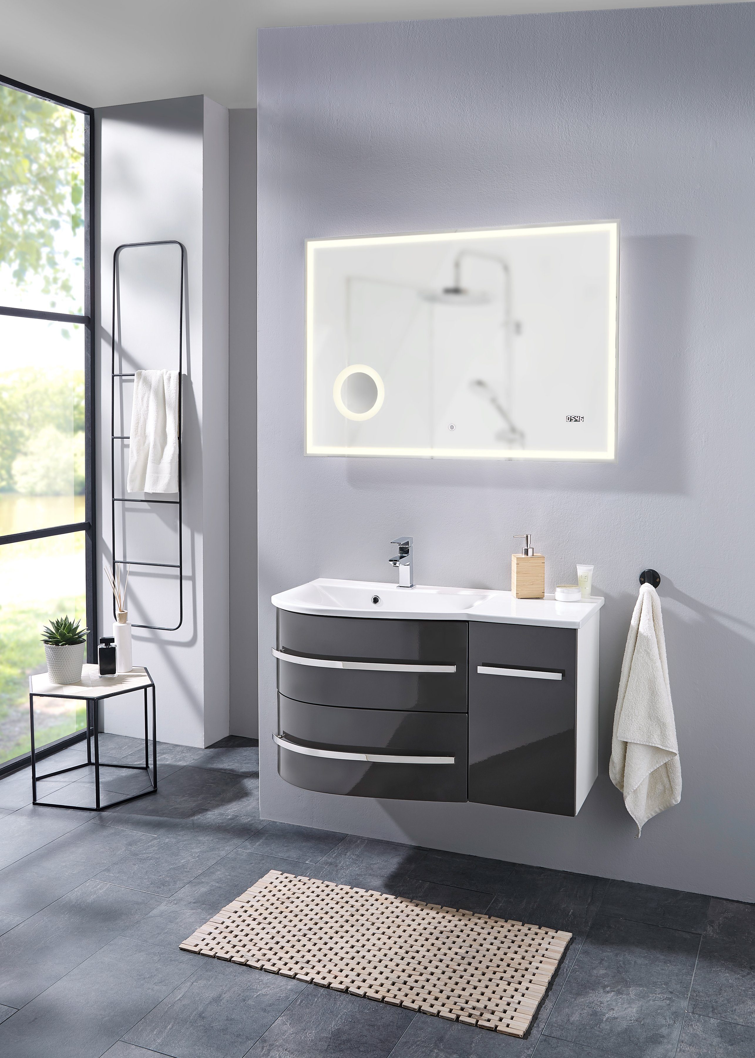 welltime Wastafelonderkast Oslo Breedte 90 cm, gebogen model, planchet rechts