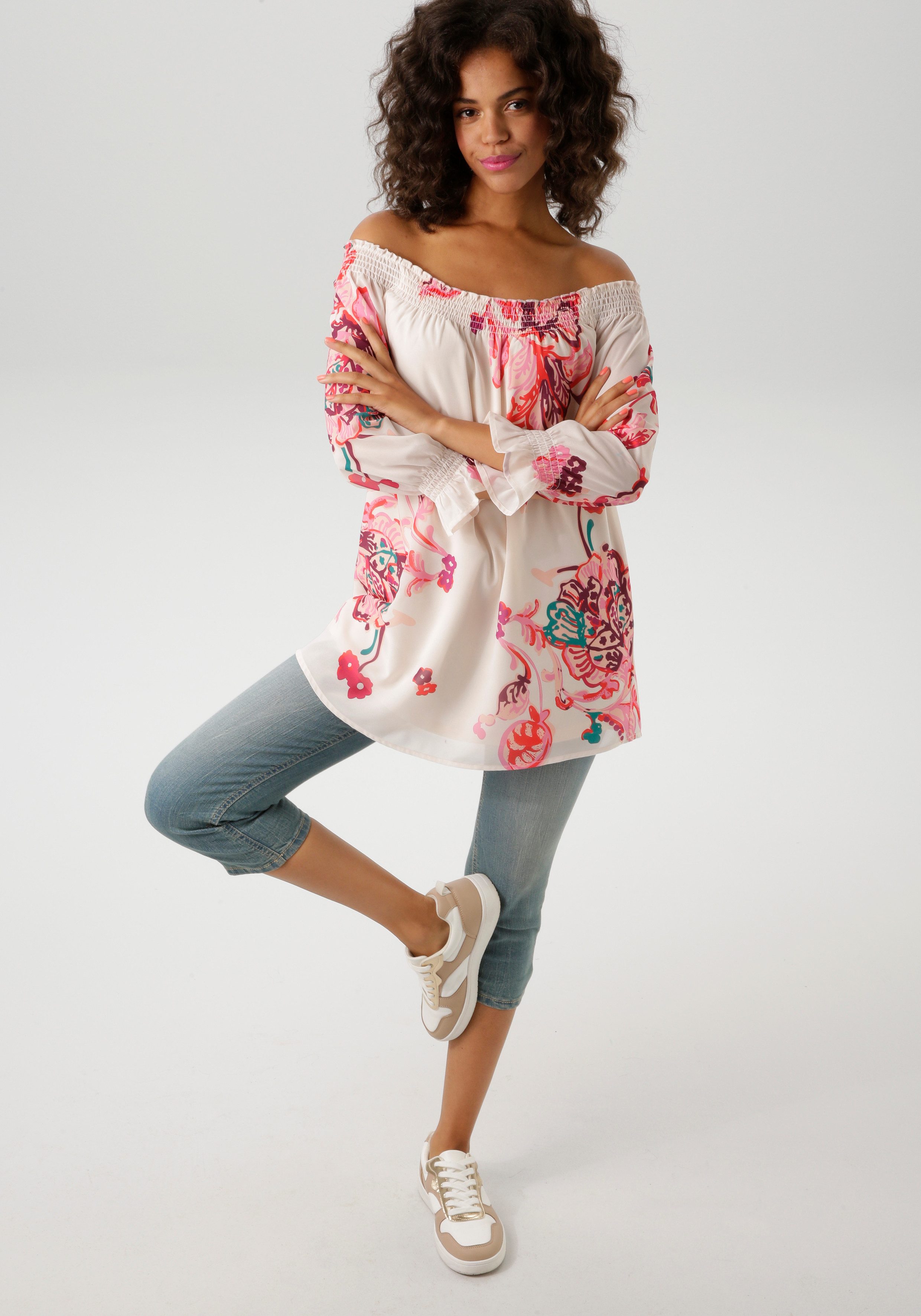 Aniston CASUAL Blouse zonder sluiting met extravagante bloemenprint elk stuk is uniek nieuwe collectie