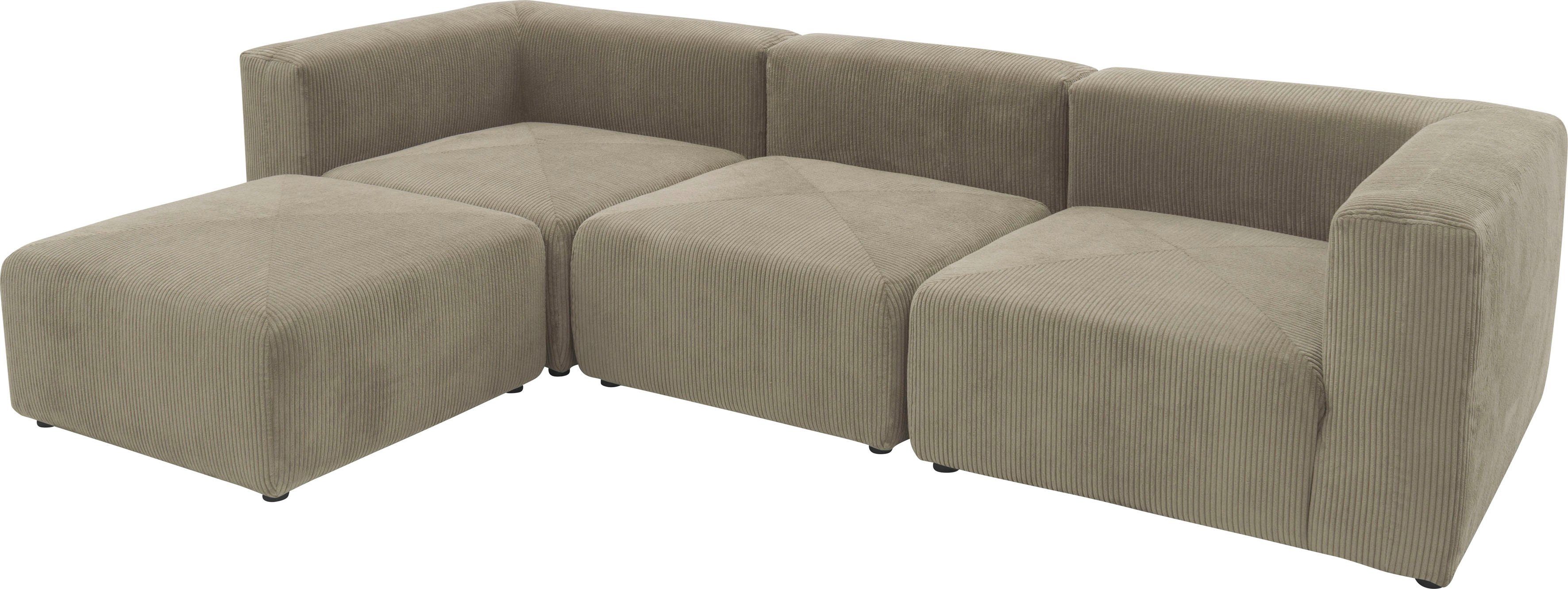 RAUM.ID Hoekbank Gerrid L-vorm Ribfluwelen bekleding, modulaire bank, bestaande uit hoek- en tussenelement + voetenbank/poef