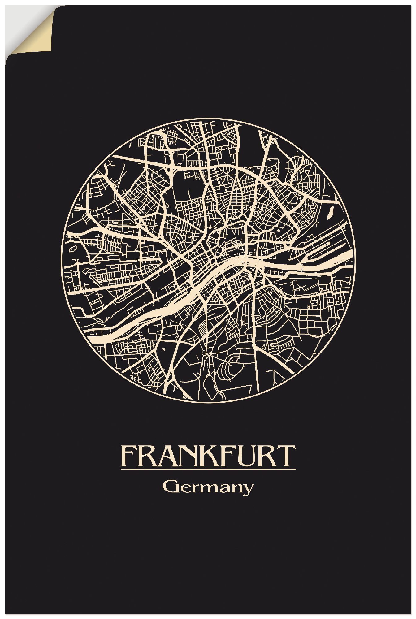 Artland Artprint Retro kaart Frankfurt Duitsland cirkel in vele afmetingen & productsoorten - artprint van aluminium / artprint voor buiten, artprint op linnen, poster, muursticker
