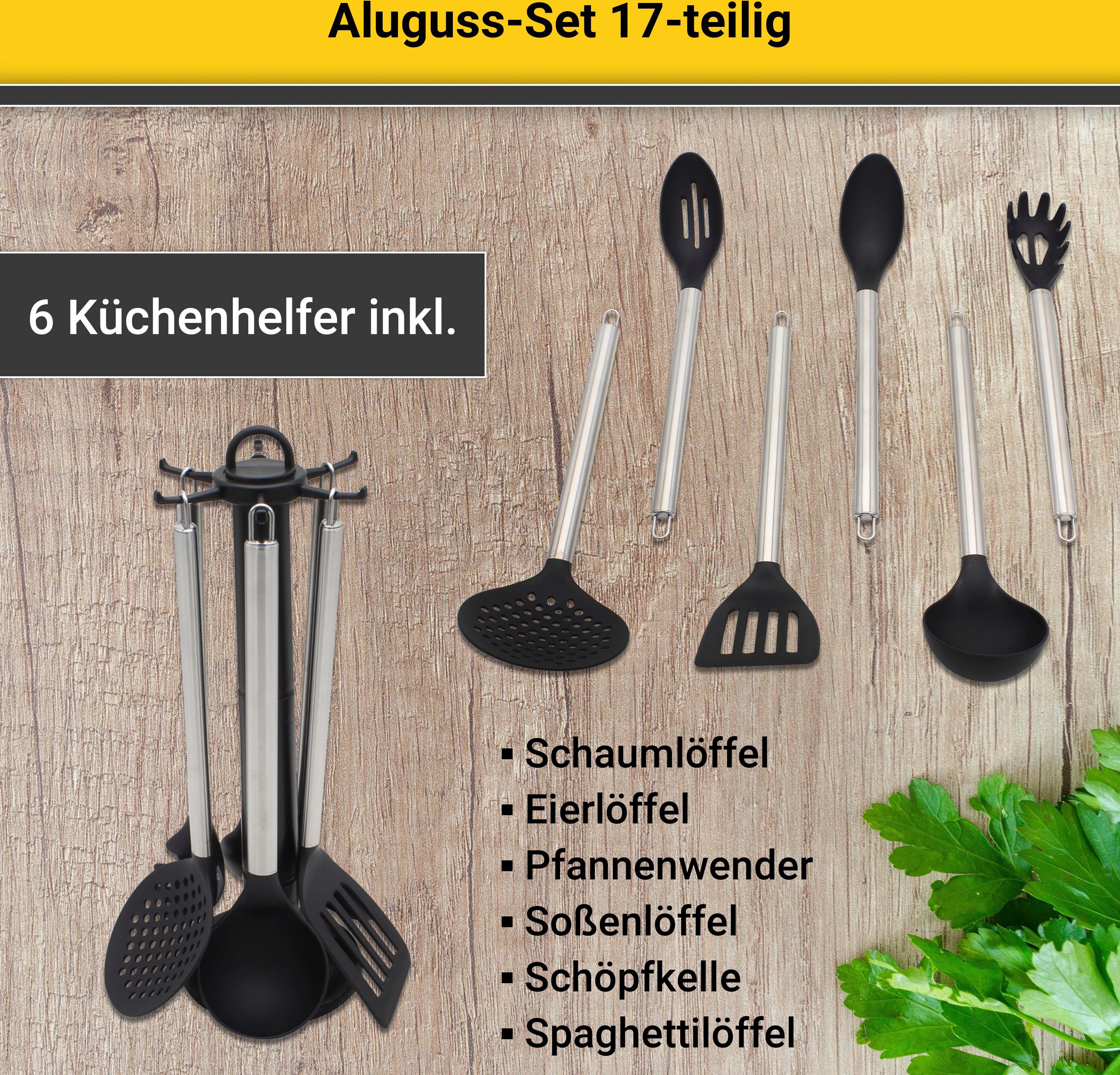 Krüger Pannenset Aluminium pot- en pan-set inclusief praktische keukenhulpmiddelen, 17-delig. (set)