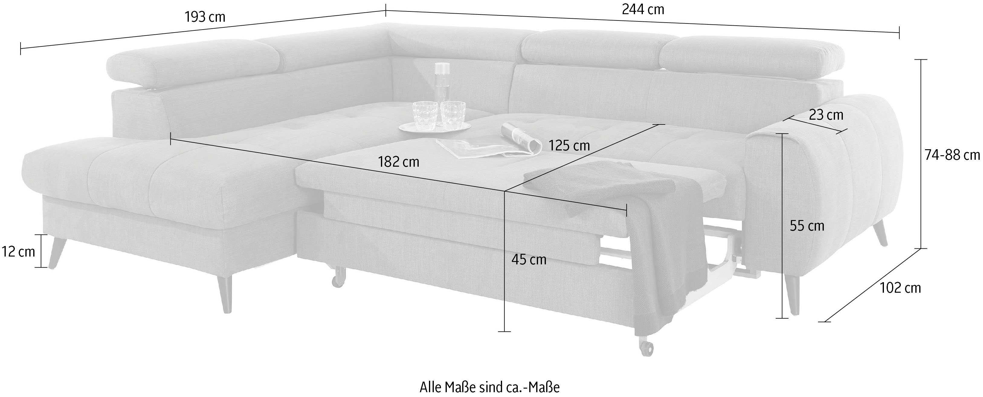 COTTA Hoekbank Mia L-vorm met 3 sierkussens keuze met bedfunctie, bedlade, verlichting & draadloze oplader