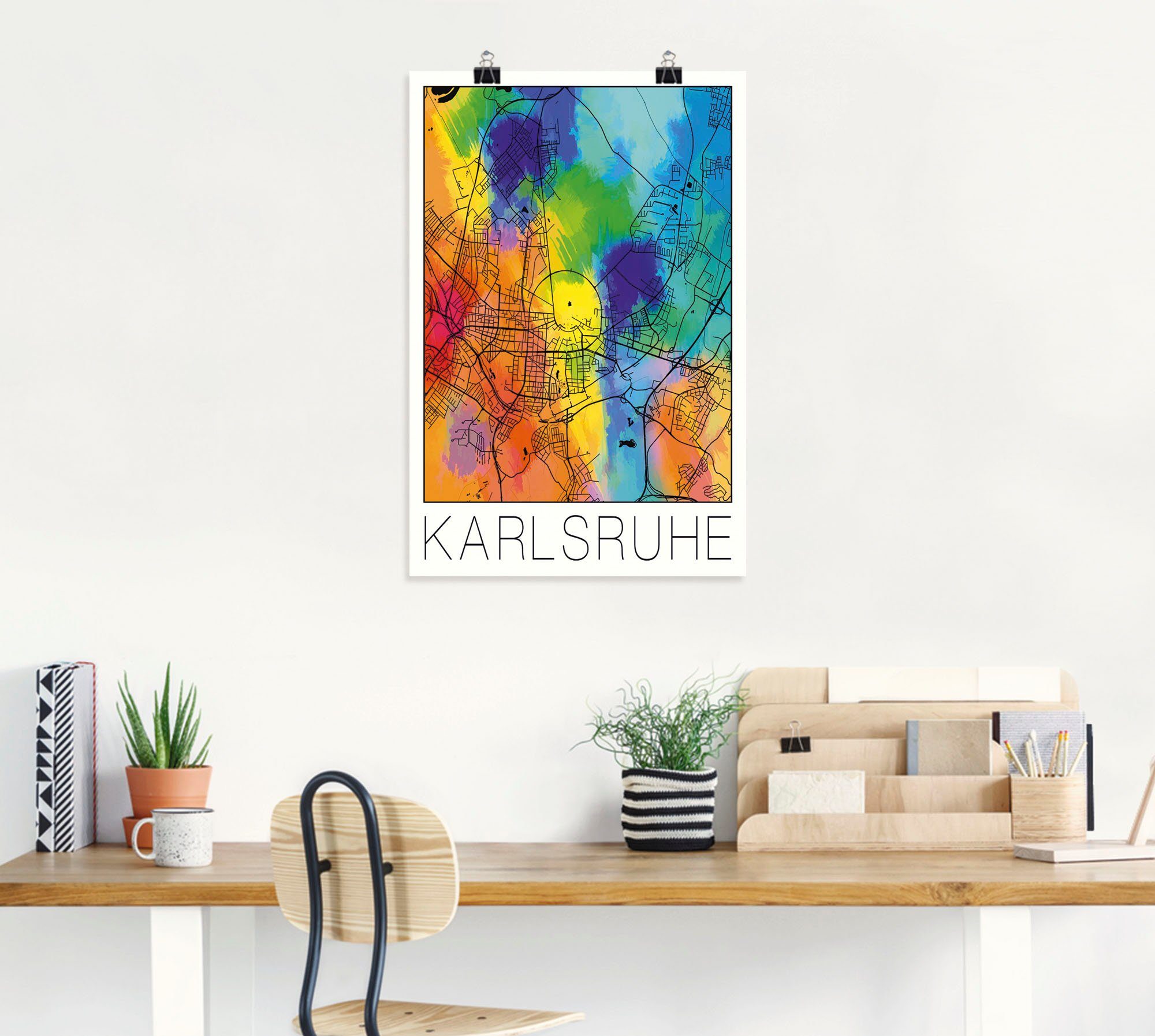 Artland Artprint Retro kaart Karlsruhe aquarel als artprint van aluminium, artprint voor buiten, poster in diverse formaten