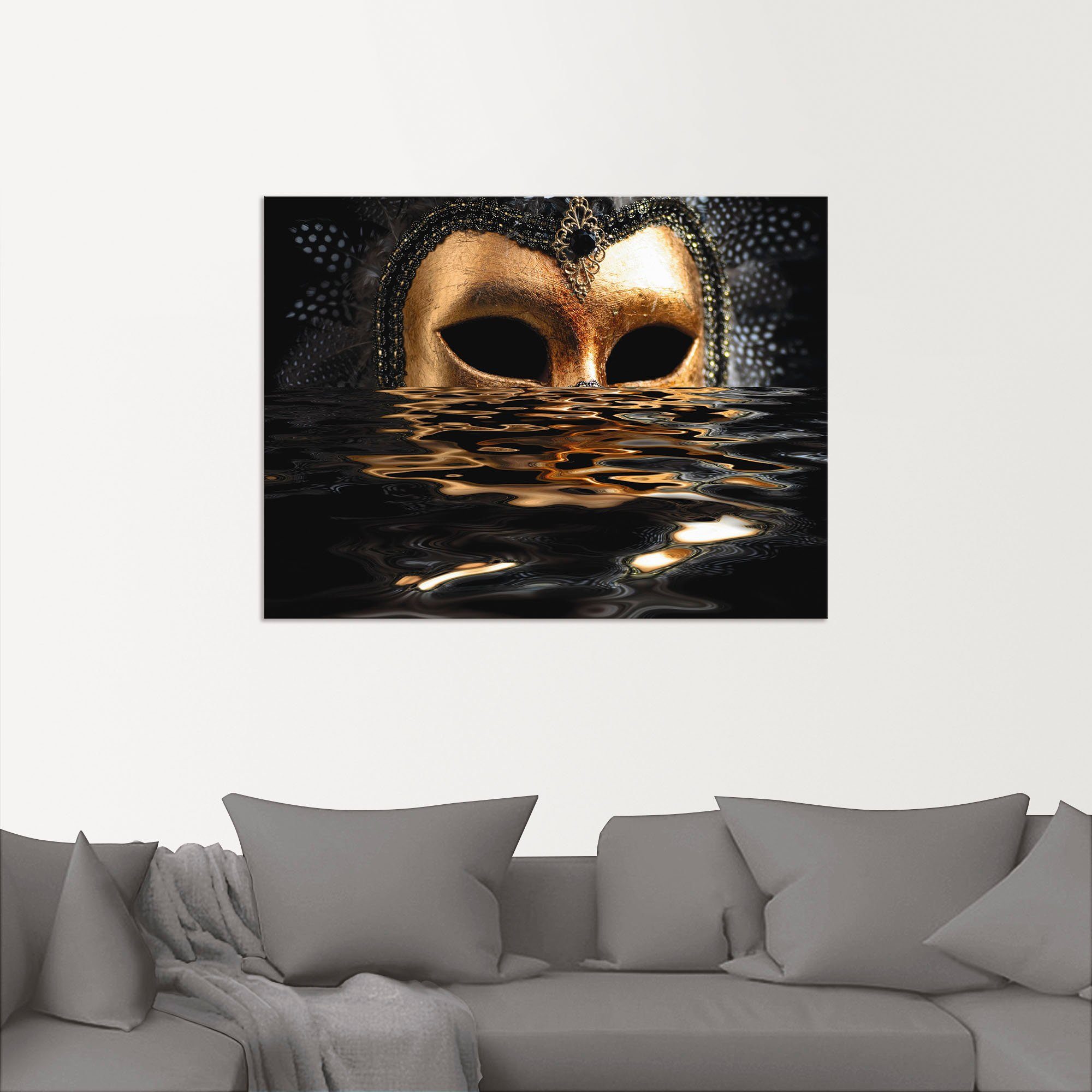 Artland Artprint Venetiaans masker met bladgoudkleur als artprint van aluminium, artprint voor buiten, artprint op linnen, poster, muursticker