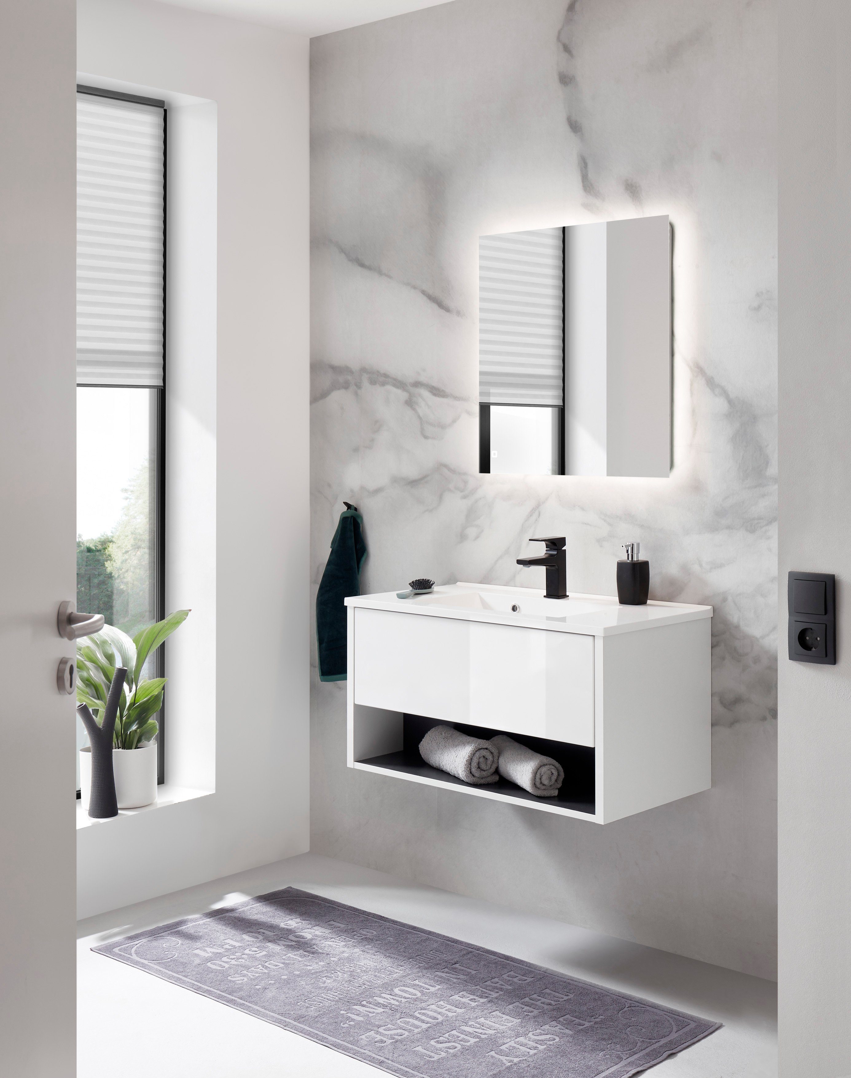 Places of Style Badkamerserie Studio Line, bad in modern ontwerp, 2-delig badkamer Wastafel en spiegel, in twee kleuren beschikbaar, veel opbergruimte (2-delig)