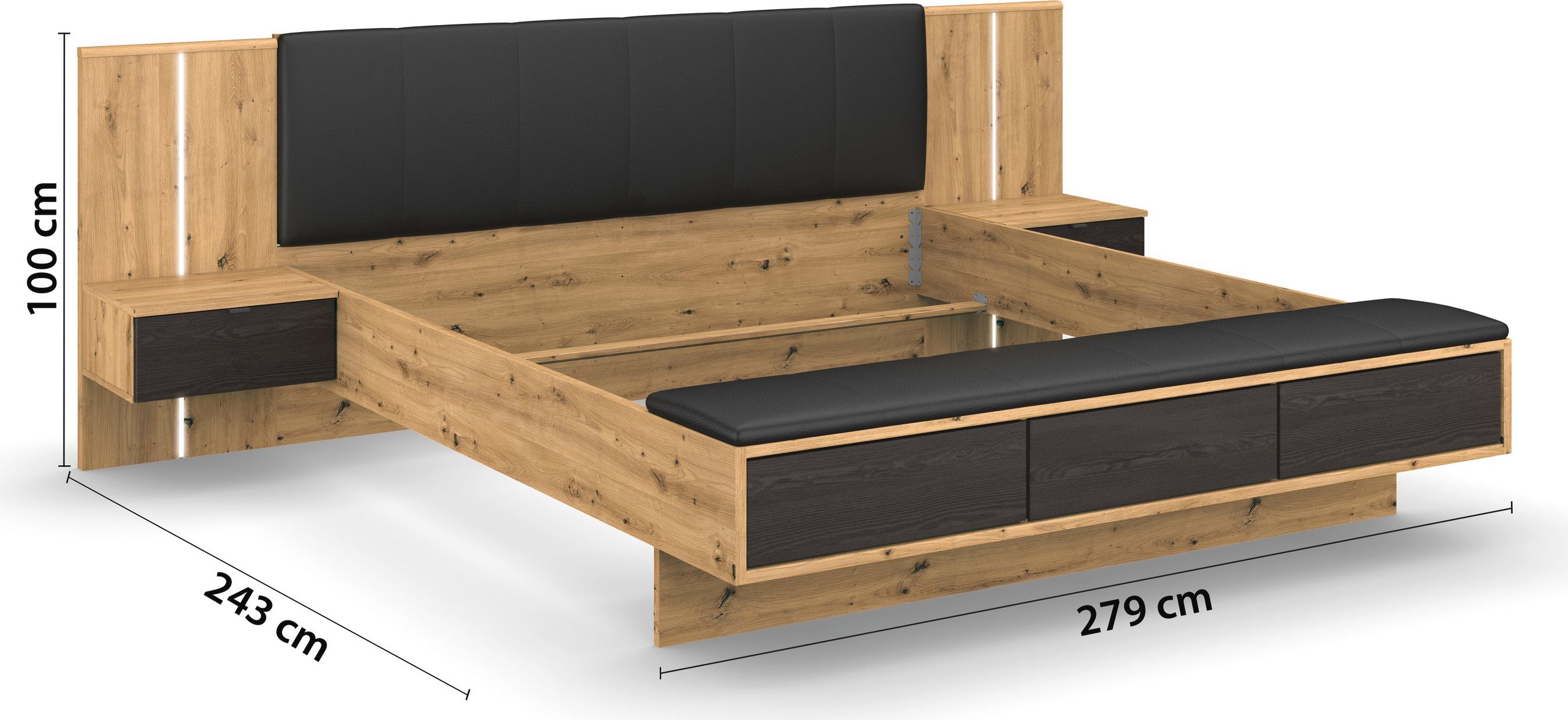 rauch Ledikant Bed Tweepersoons Futonbed APOLLON 2 hang-nachttafels, panelen met verlichting made in germany (set, 5-delig)