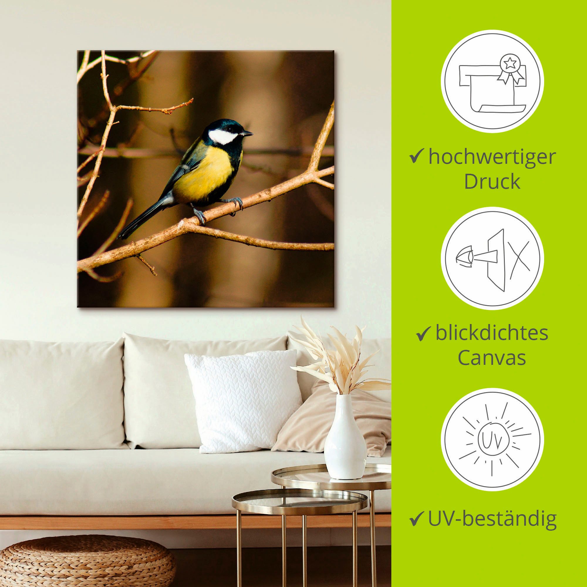Artland Artprint op linnen Koolmees in het bos gespannen op een spieraam