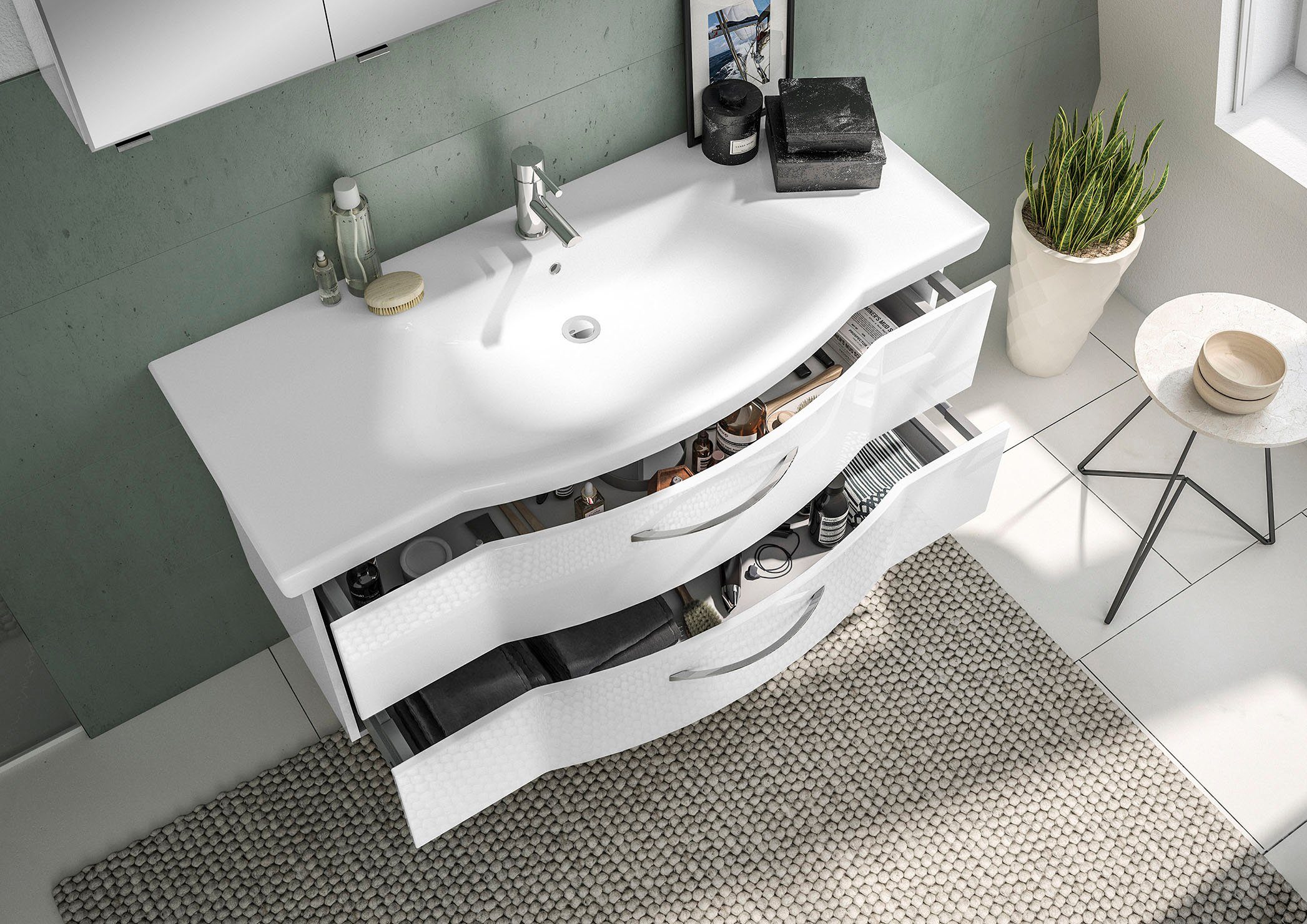 Saphir Badkamerserie 6005 sprint keramiek-wastafelonderkast met led-spiegelkast, 122 cm breed Wastafelmeubel inclusief deurdemper, 3 deuren, 2 laden, wastafelonderkast set (2-delig)