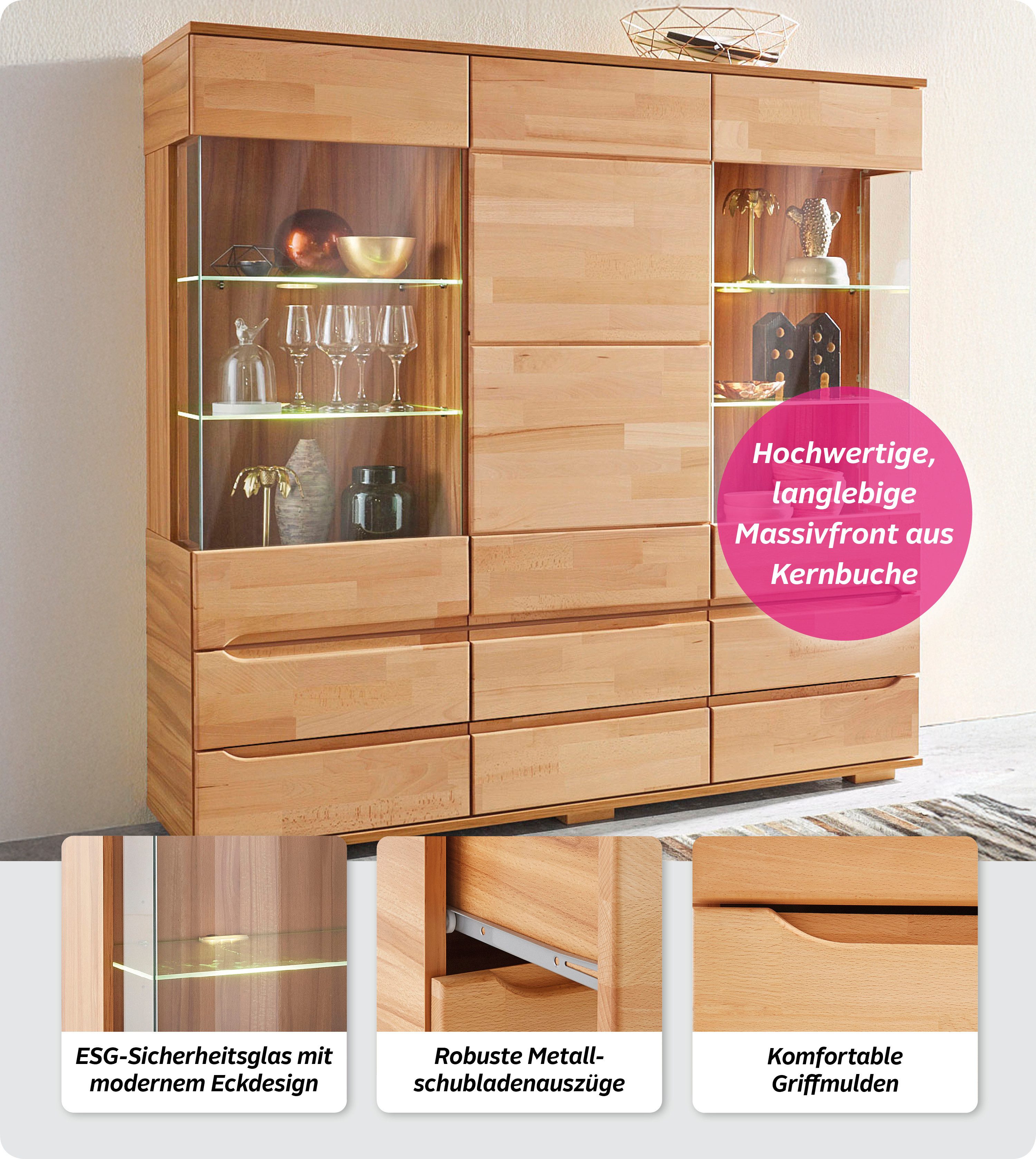 Home affaire Highboard Vetro, 150cm breed, 40 cm diep, fronten massief hout, 9 vakken