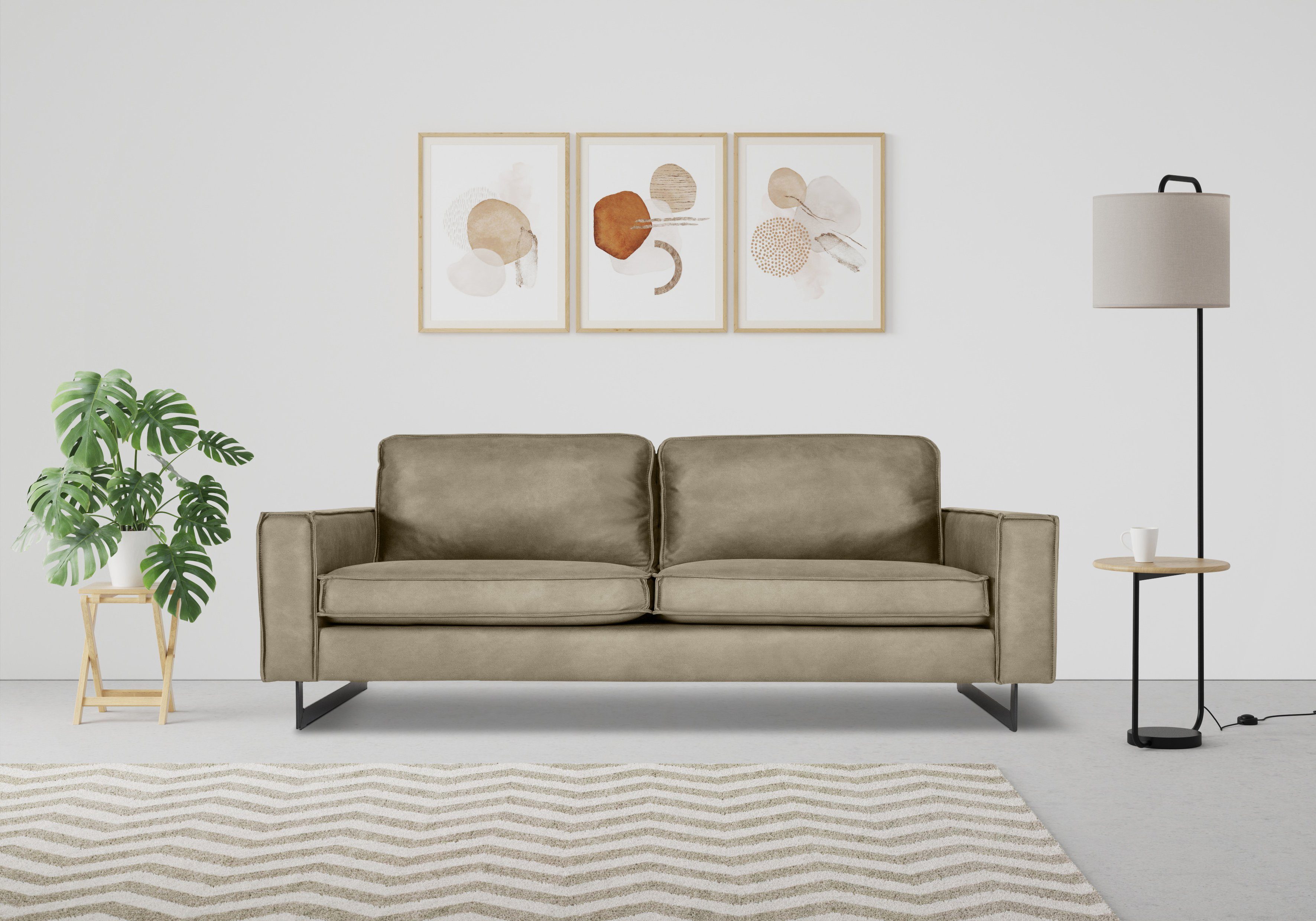 Places of Style 2-zitsbank Pinto, 166 cm, cord, chenille, leerlook met keder, zwarte metalen voeten, golfondersteuning
