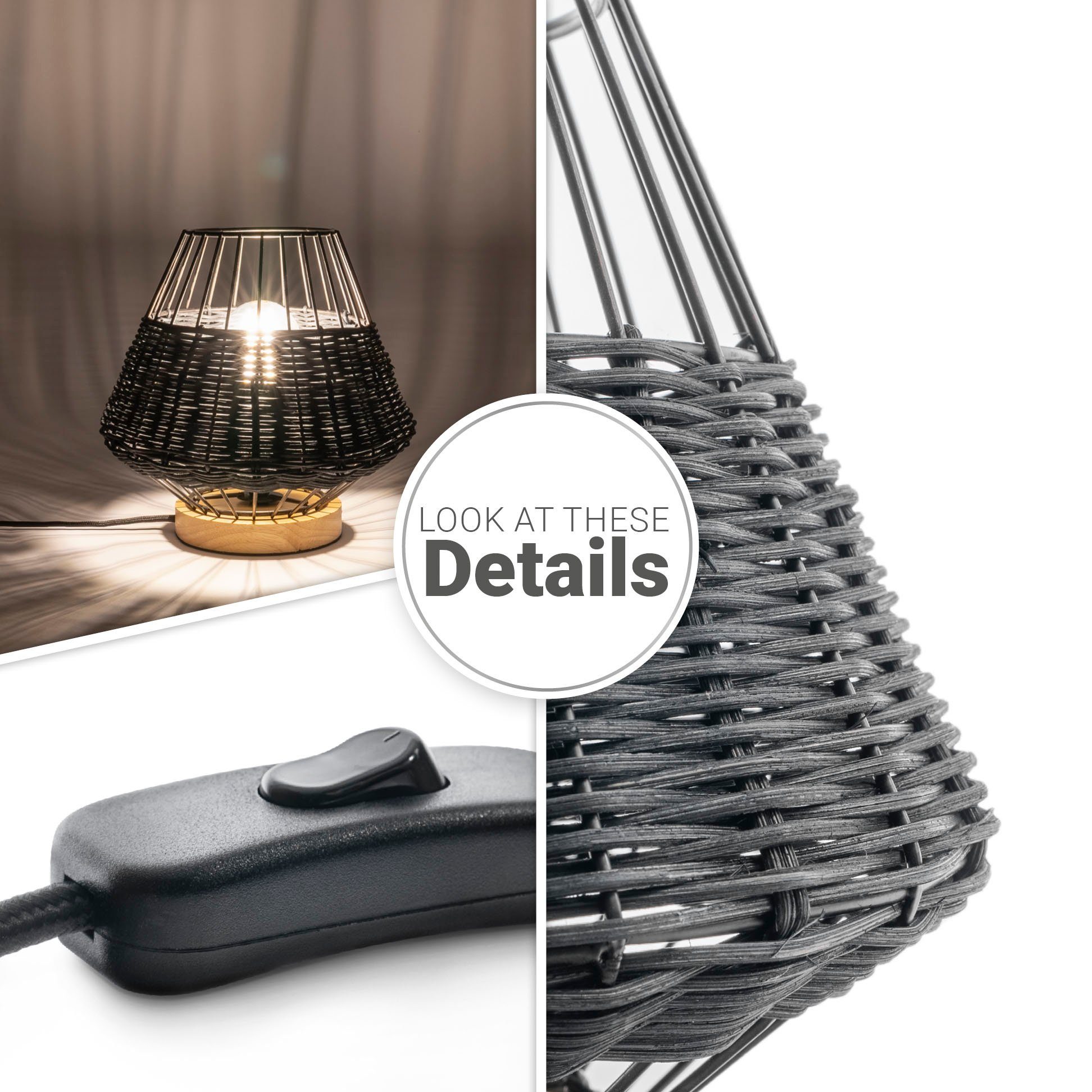 Paco Home Tafellamp Punto Rattan LED kooi lamp Boho stijl nacht rustiek hout E27