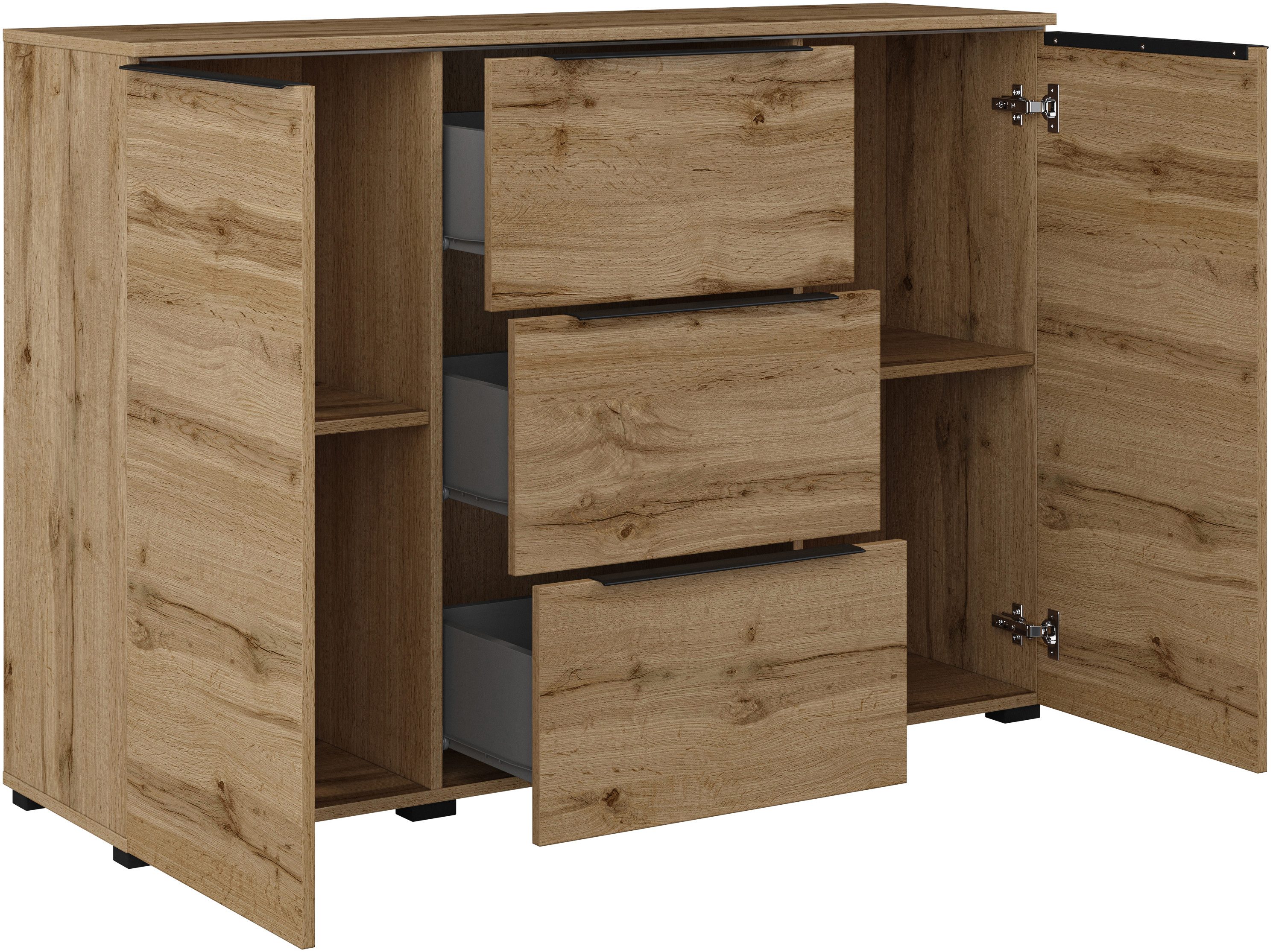 INOSIGN Dressoir Tana, breedte 132 cm, moderne commode 3 SK, 2 deuren Ladekast, sidetable met veel bergruimte, planken verstelbaar