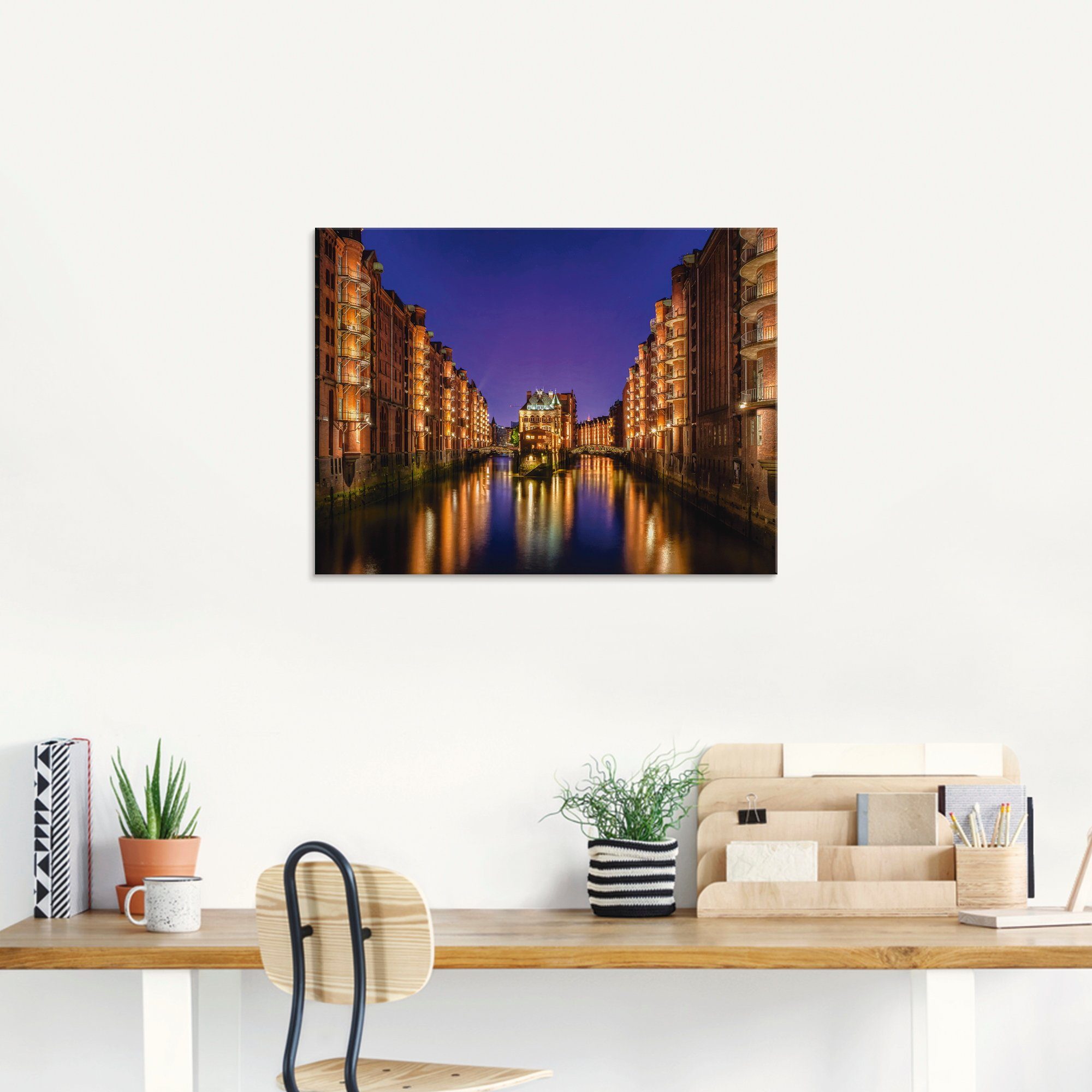 Artland Print op glas Hamburg Speicherstadt 's nachts
