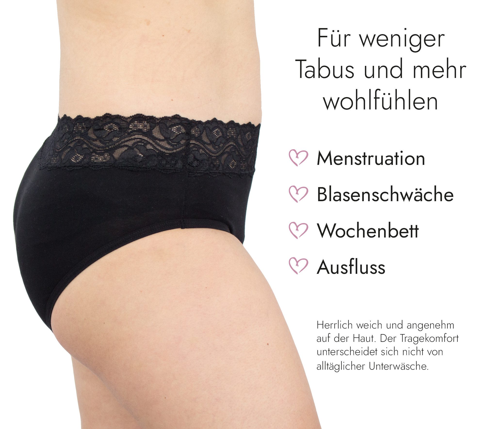 Hydas Incontinentieslip mit elegantem Spitzenbund und integrierter Saugeinlage, aus Baumwolle