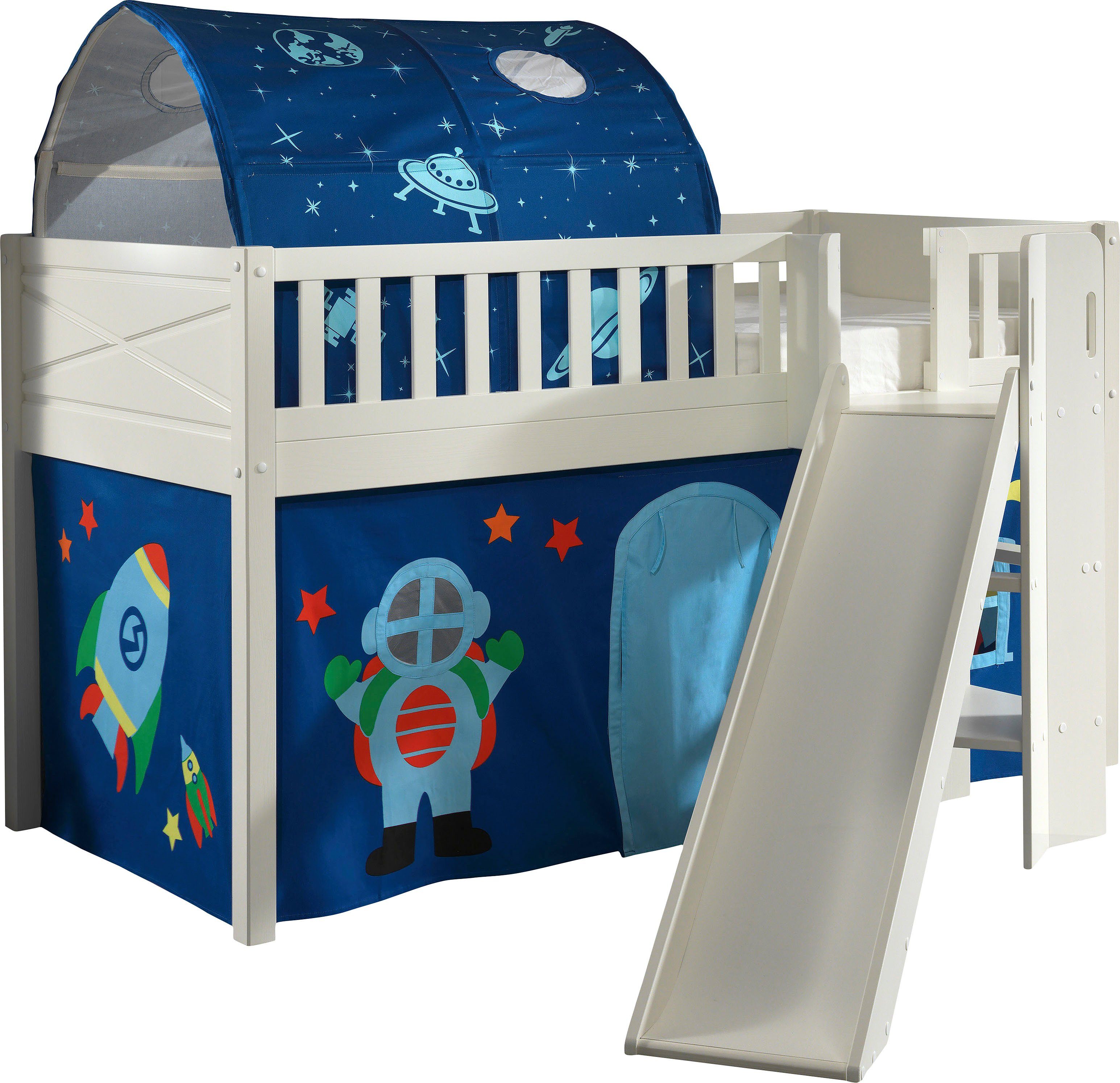 Vipack Hoogslaper Scott m. glijbaan/ladder toren, ligoppervlak 90 x 200 cm, doek, tunnel, 4 designs